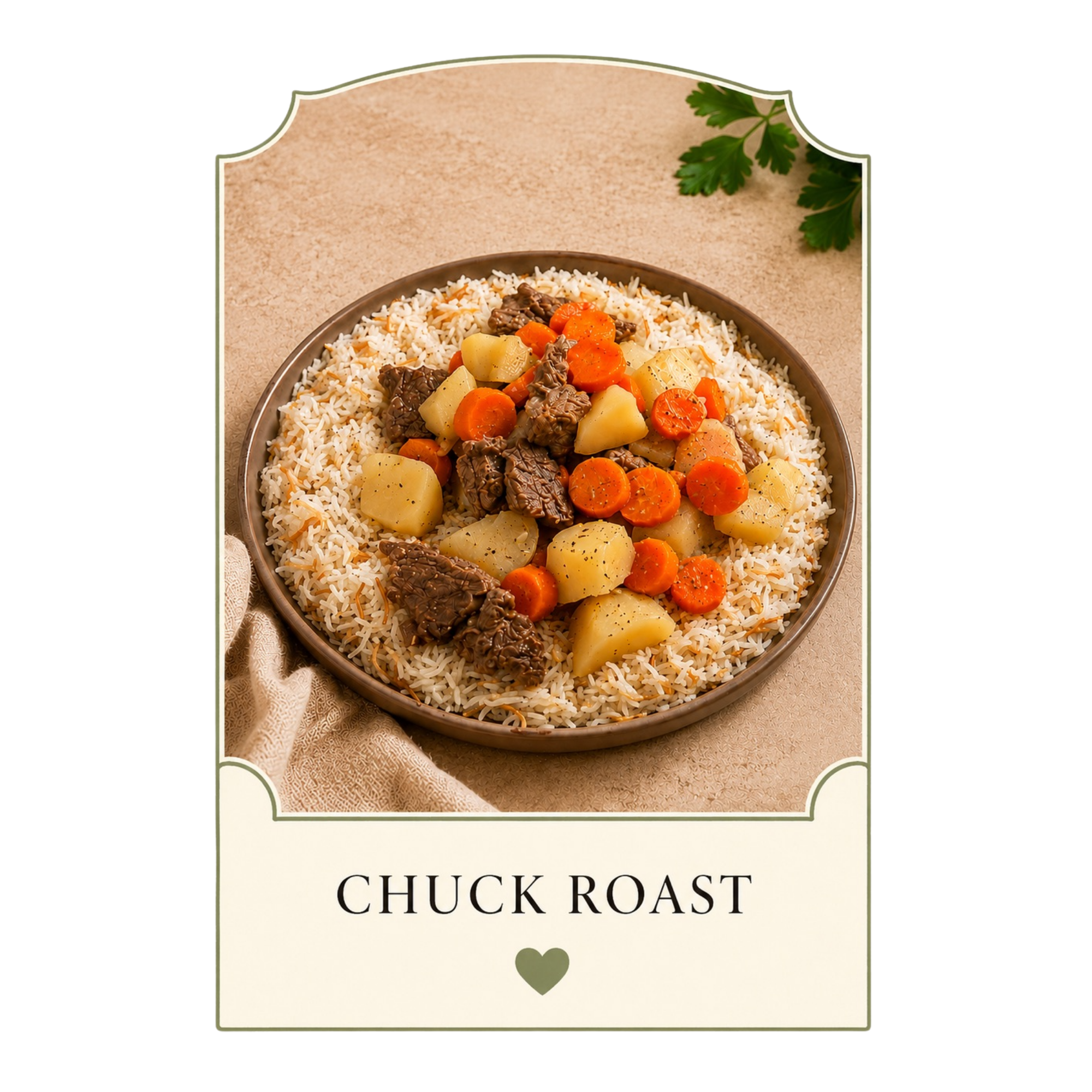 Package label with a picture of cooked rice with carrots, potatoes, and beef, and a sprig of parsley at the top right corner. The label reads "Chuck Roast."