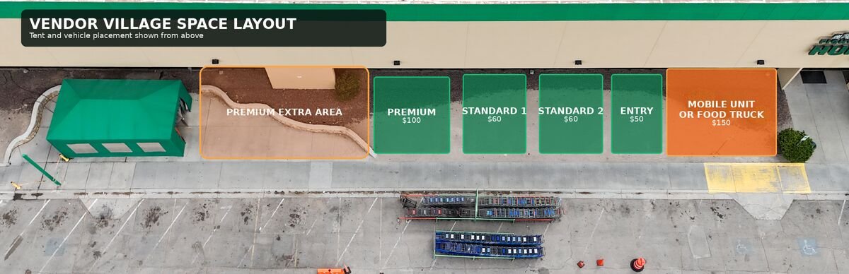 Bird’s-eye layout showing Premium, Standard, Entry and Mobile Unit spaces for Vendor Village beside the El Pasoans Fighting Hunger building.