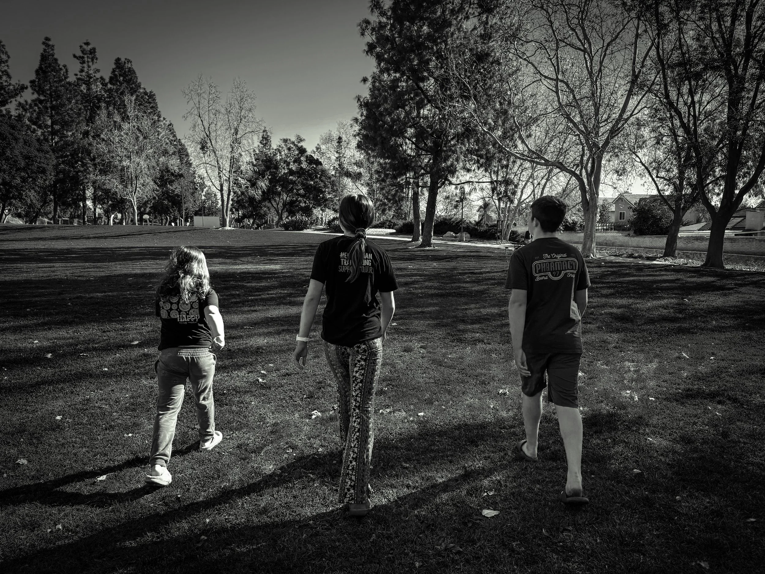 Three children walking on grass in a park with many trees and houses in the background, captured in black and white.