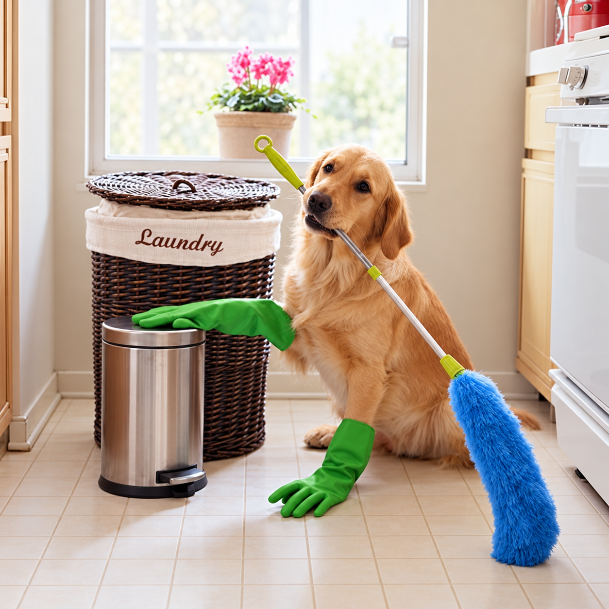 A golden retriever dog wearing green cleaning gloves, holding a mop in its mouth, in a laundry room near a laundry basket with pink flowers on the window sill.