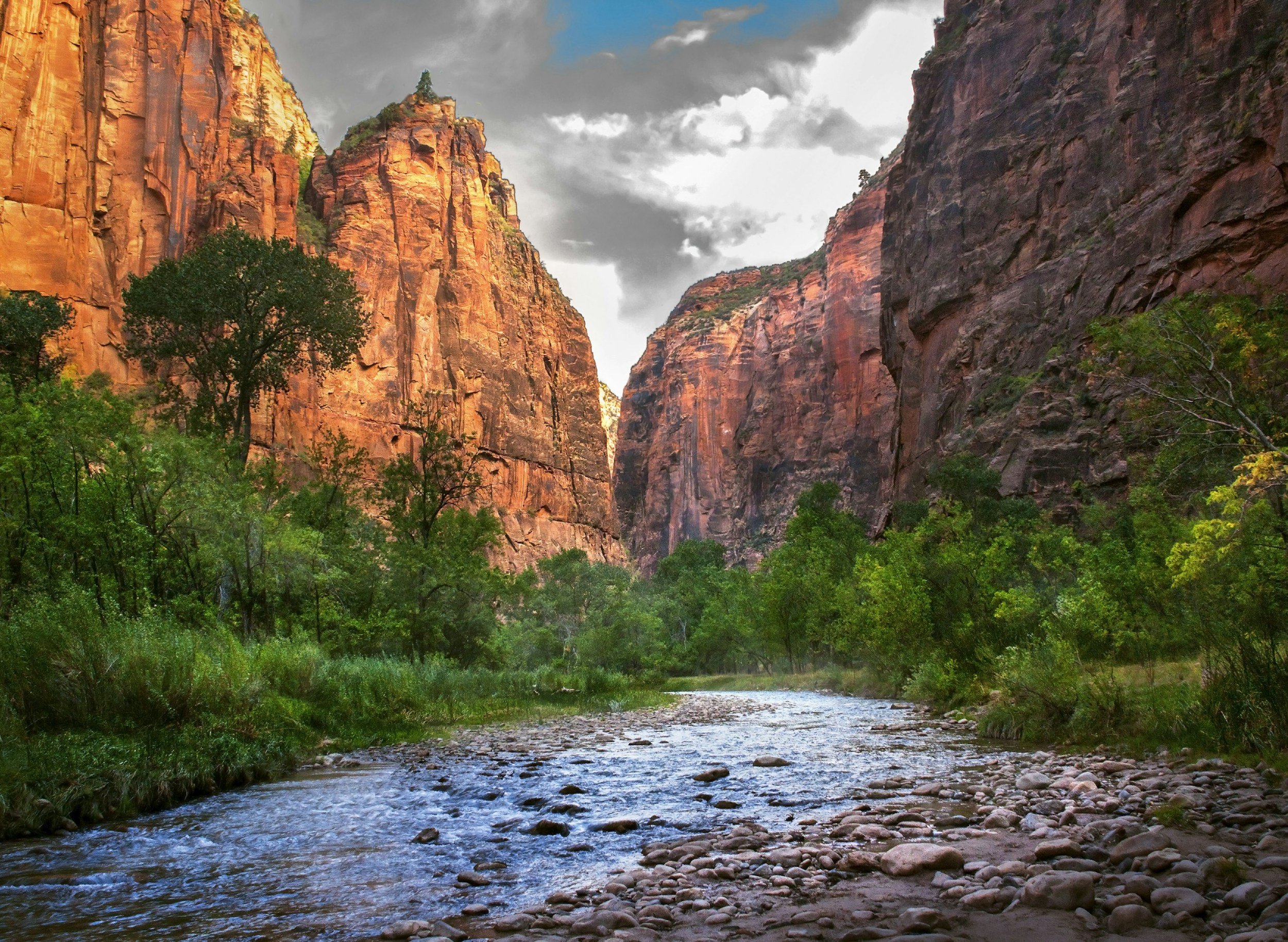 A scenic view of Zion National Park featuring towering red rock cliffs on either side of a wide canyon, with a stream flowing through the foreground and green trees surrounding the area, under a partly cloudy sky.