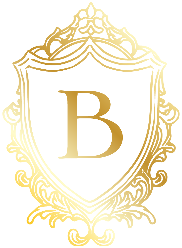 Gold ornate shield emblem with a large letter B in the center.