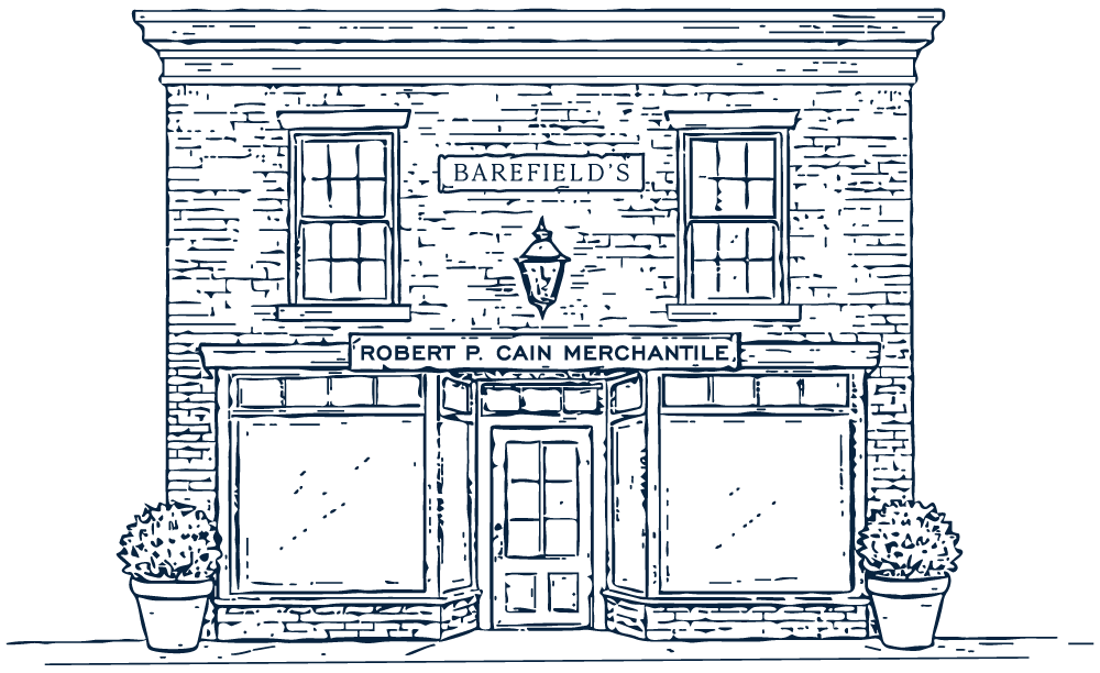 Illustration of a two-story brick building with a sign that reads 'Barefield's' and a smaller sign for 'Robert P. Cain Merchantile.' The building has two large front windows, a central door, potted plants on each side, and a hanging lantern outside.