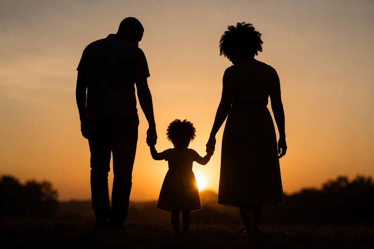 Silhouette of a family, two adults and a child, holding hands during a sunset.