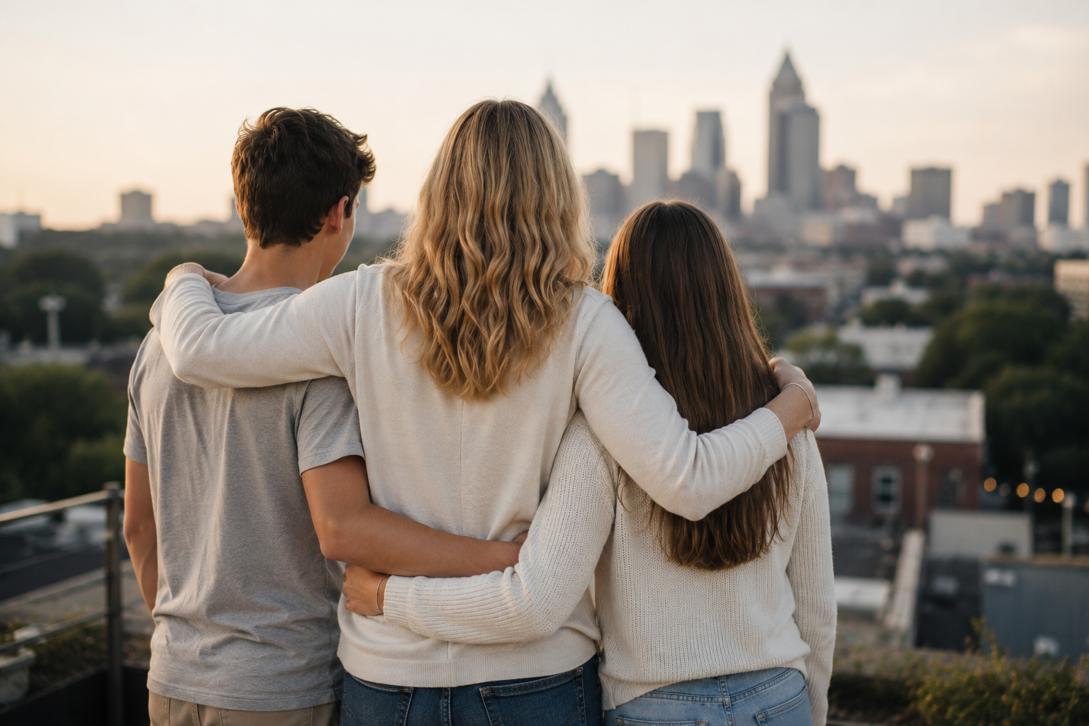 Three people standing close together with arms around each other, overlooking a city skyline at sunset.