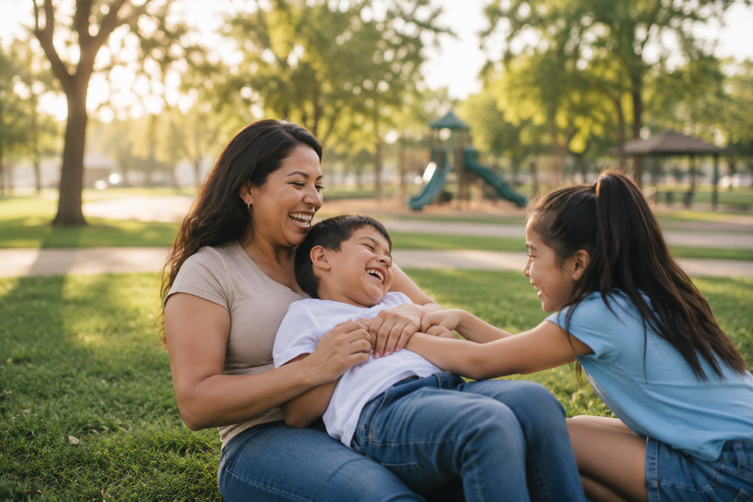 A woman with long dark hair, a boy, and a girl playing and laughing together in a park during daytime.