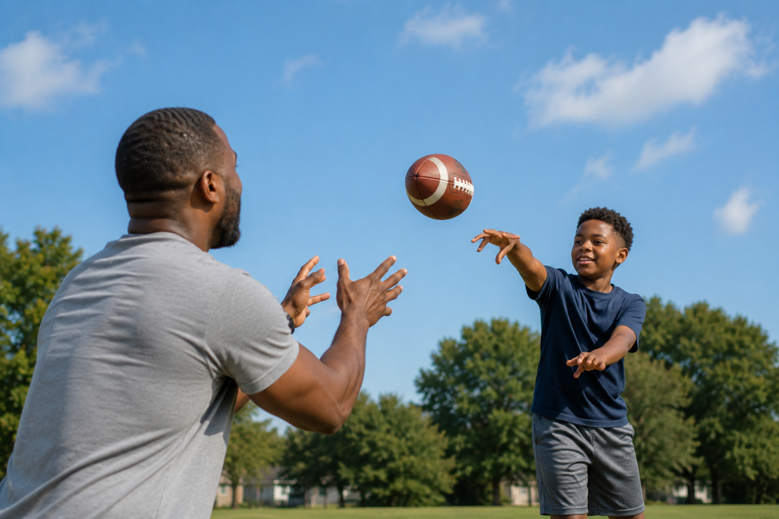 A father and son playing with a football outdoors on a sunny day, with trees and houses in the background.
