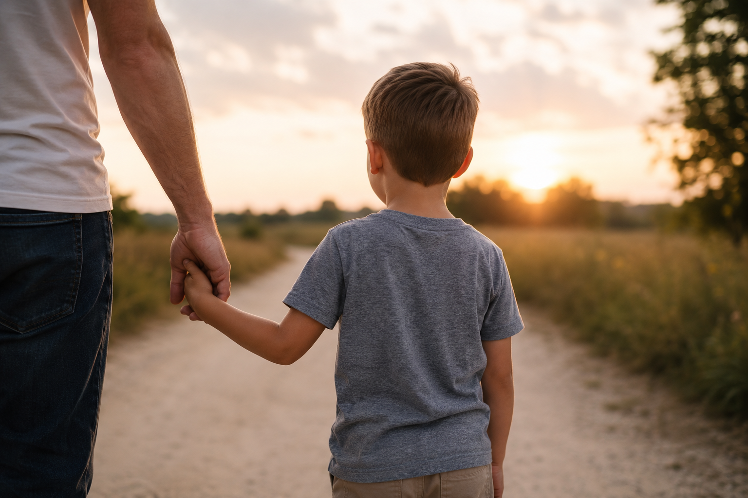 A man holding the hand of a young boy while walking on a dirt path at sunset.