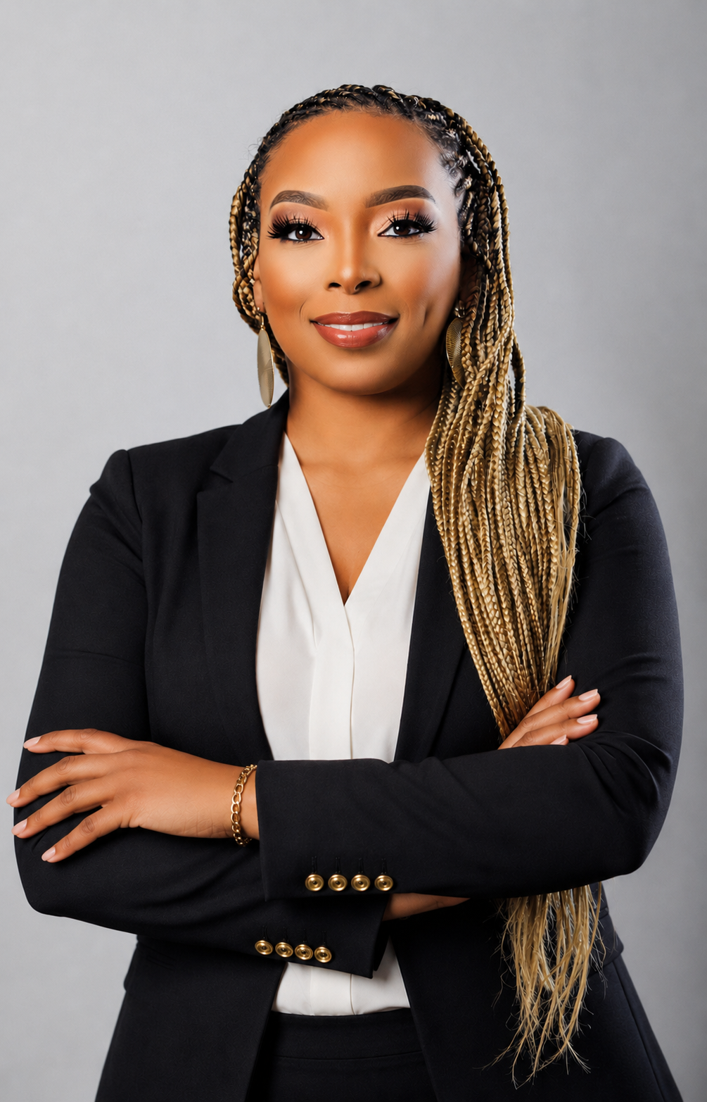 Professional woman with braided hair wearing a black blazer and white blouse, smiling with arms crossed against a gray background.