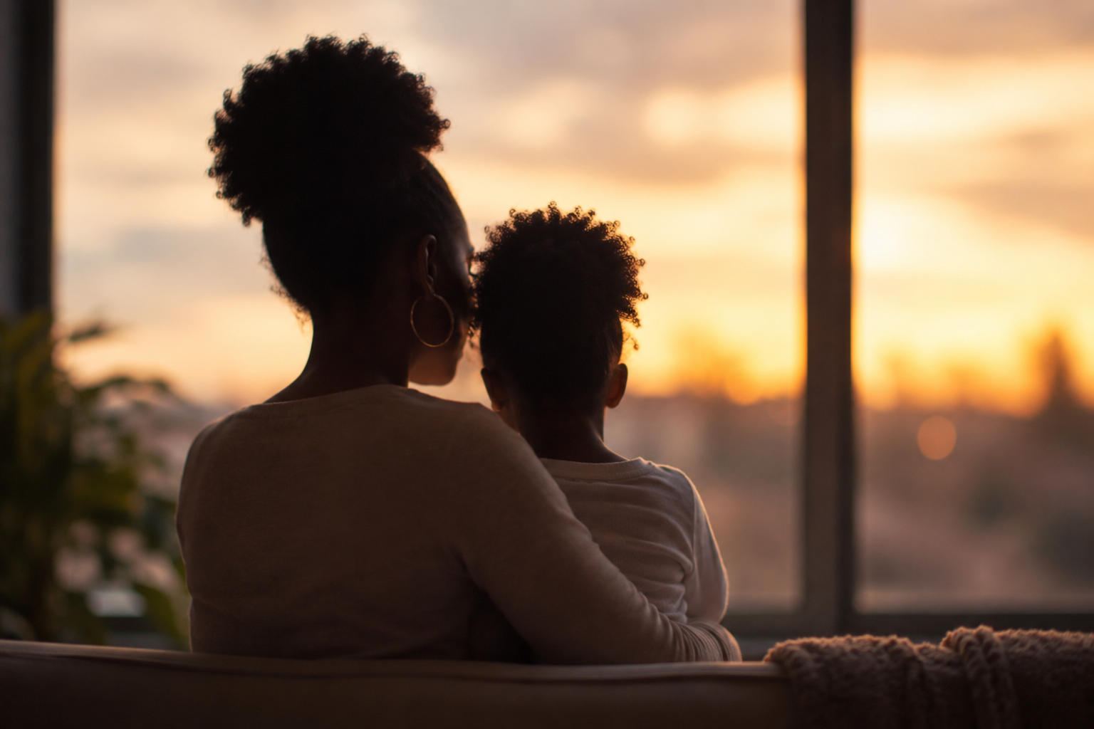 A woman and a young girl sit closely together, facing a sunset view through a window. They are silhouetted against the warm glow of the setting sun, creating a peaceful and intimate scene.