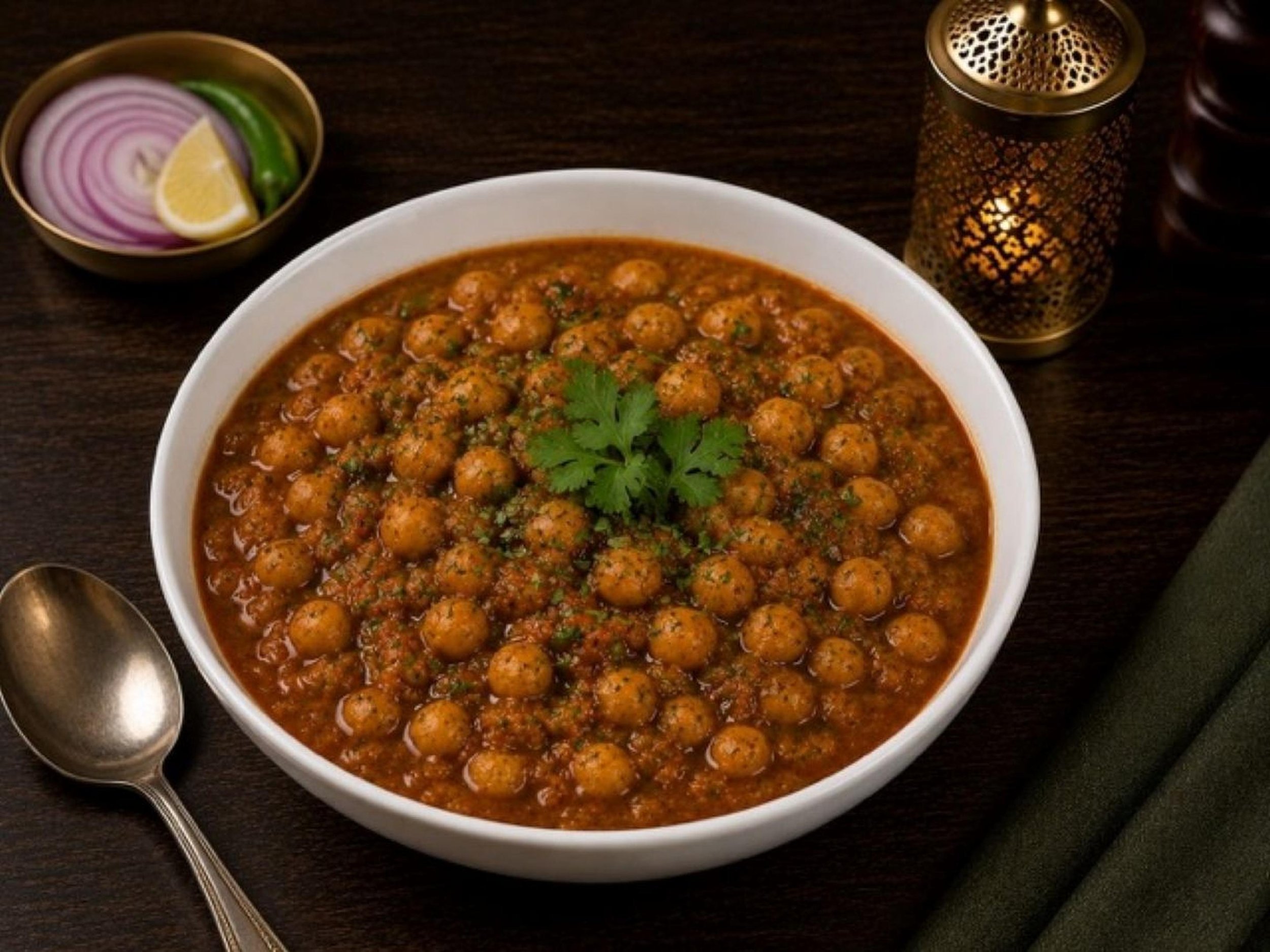 A bowl of Indian chickpea curry garnished with cilantro, with a spoon on a dark table, alongside small bowls of sliced red onions, lemon, and green chili, and a decorative candle holder.