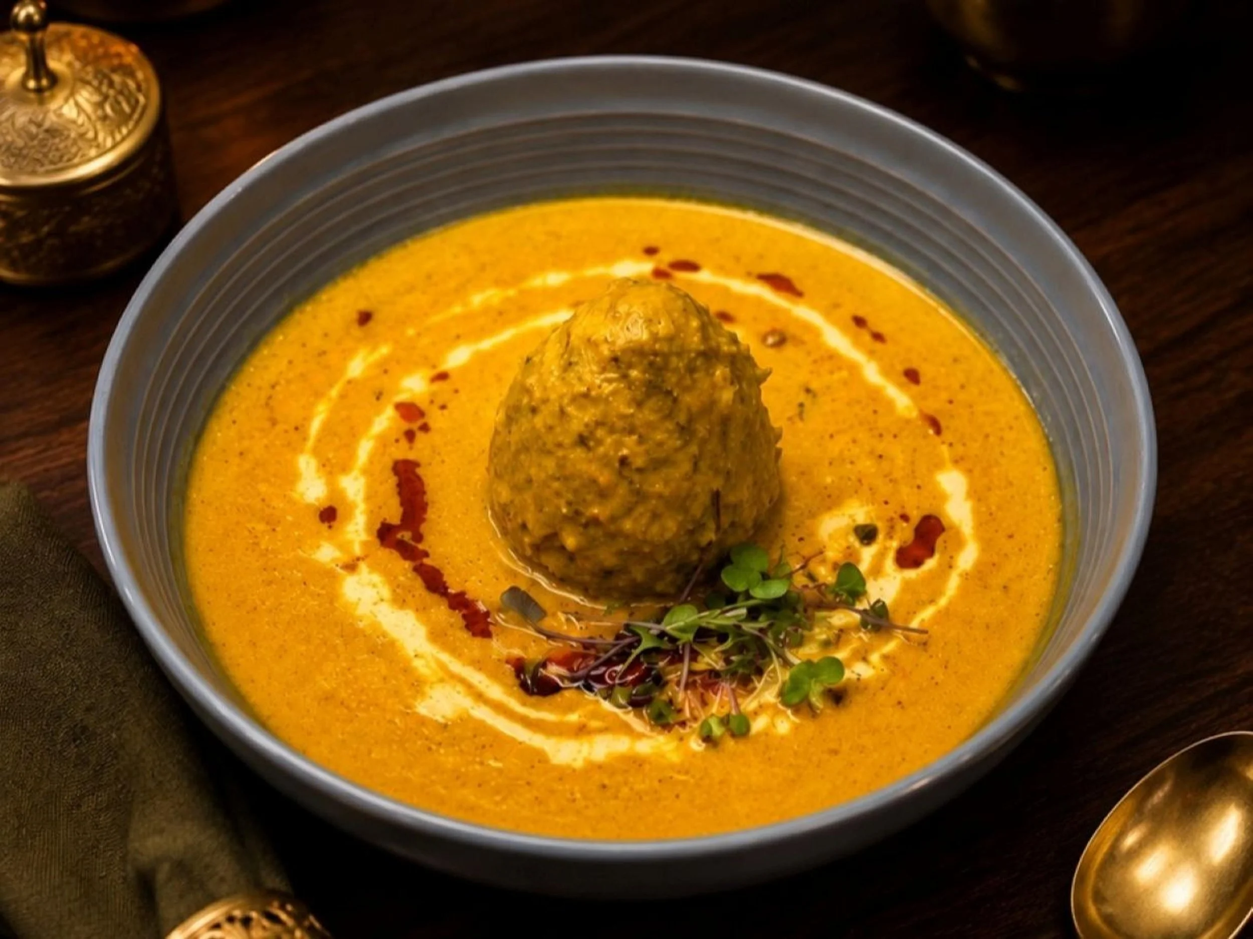A bowl of yellow curry with a stuffed vegetable or meatball in the center, garnished with microgreens, and drizzled with cream or yogurt, on a dark wooden table.