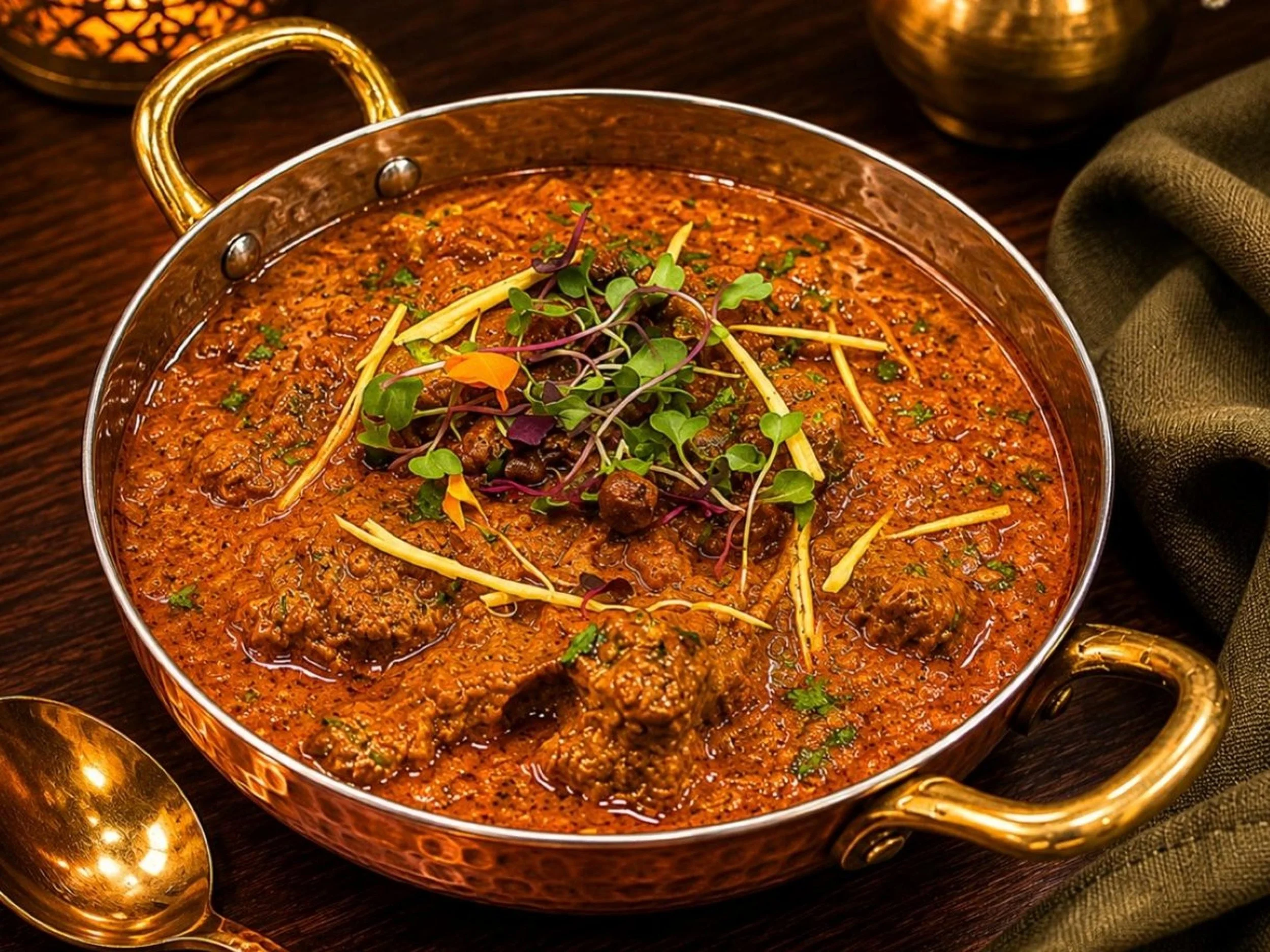 A copper serving dish filled with a thick, spicy meat stew garnished with microgreens and shredded cheese, placed on a dark wooden table with gold utensils and a green cloth nearby.