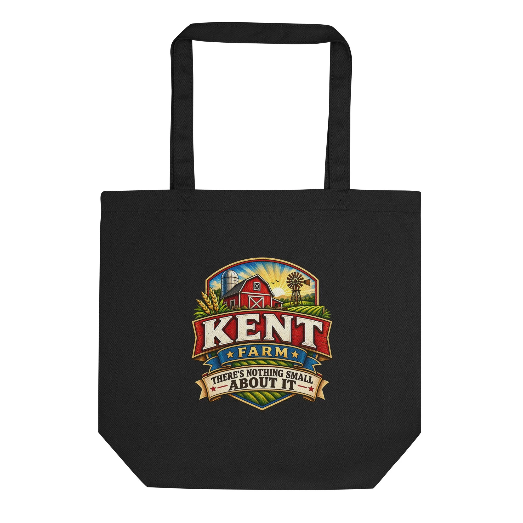 Black organic-cotton tote bag featuring the Kent Farm logo and tagline.