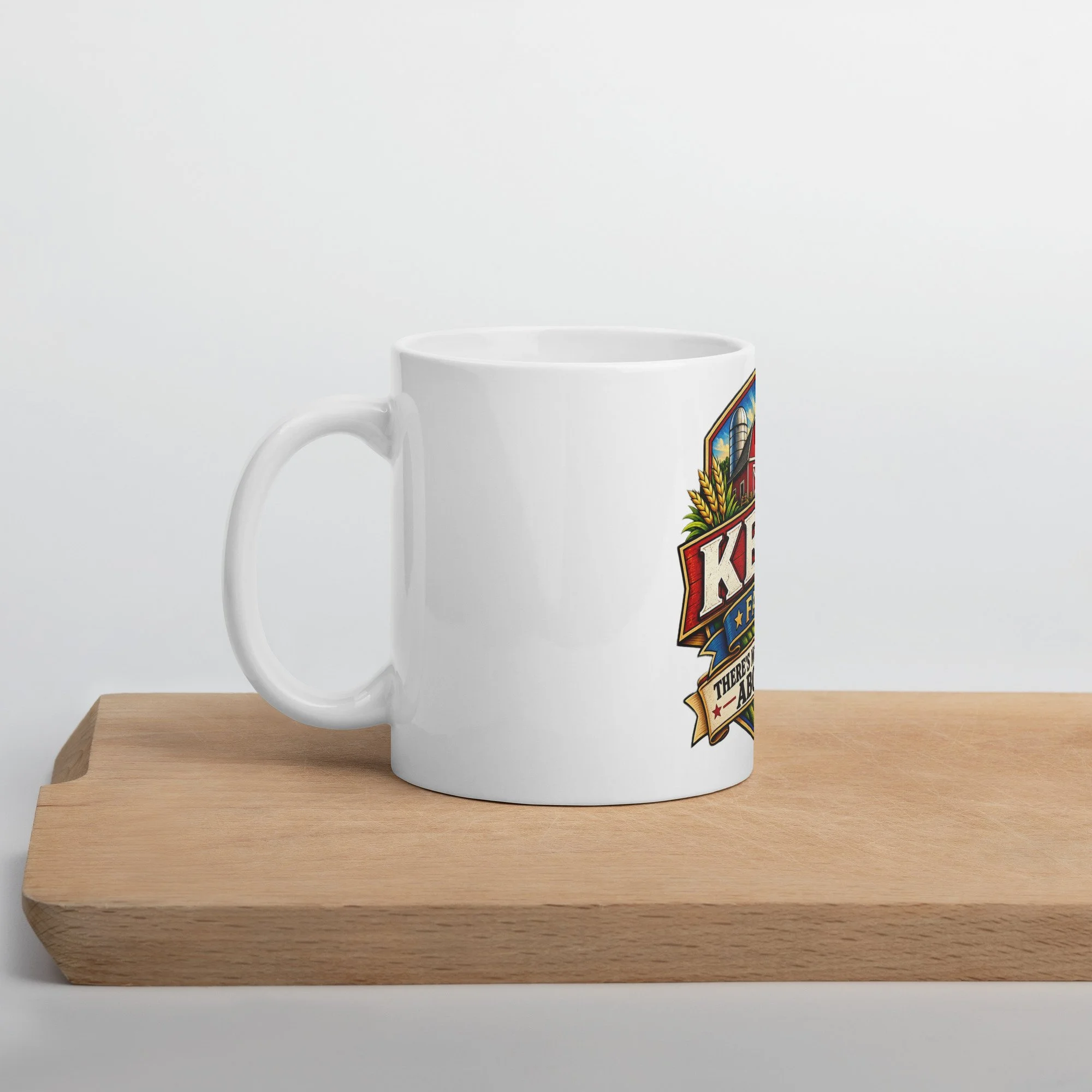 White ceramic mug featuring the Kent Farm logo and tagline.
