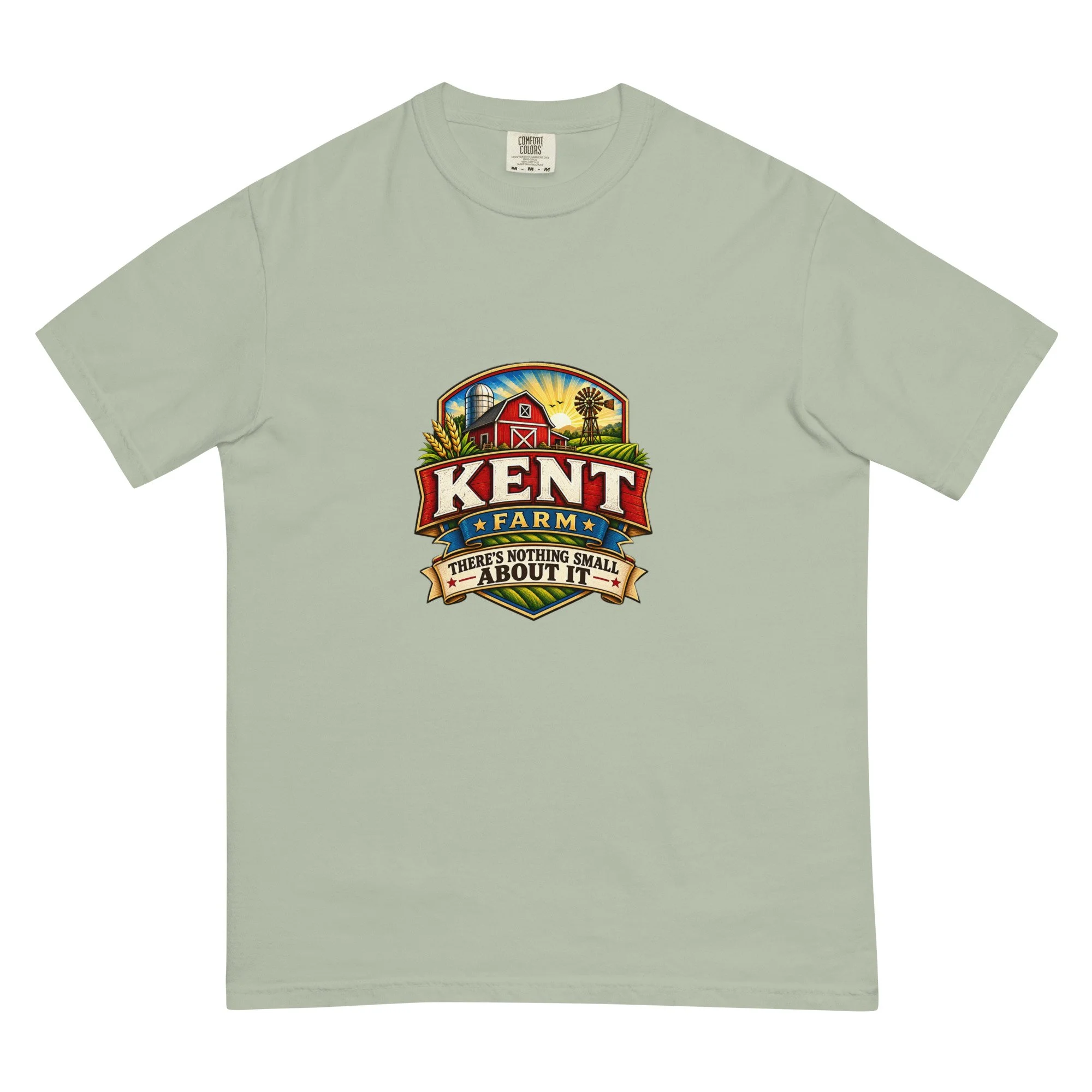 Garment-dyed heavyweight Kent Farm T-shirt in bay green with the logo and tagline.