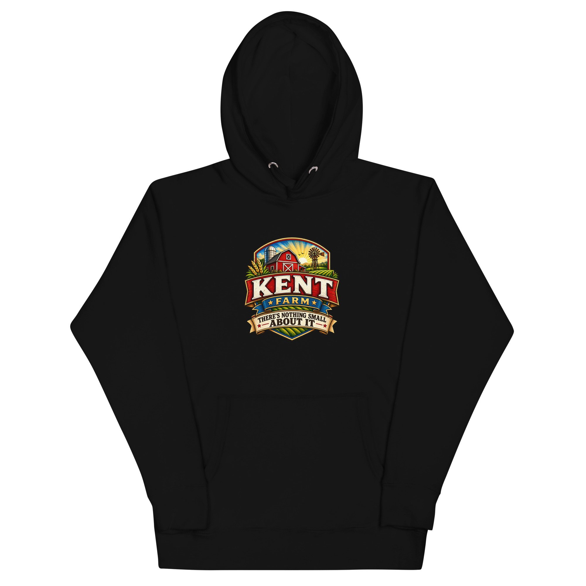 Black Kent Farm premium pullover hoodie with the logo and tagline.