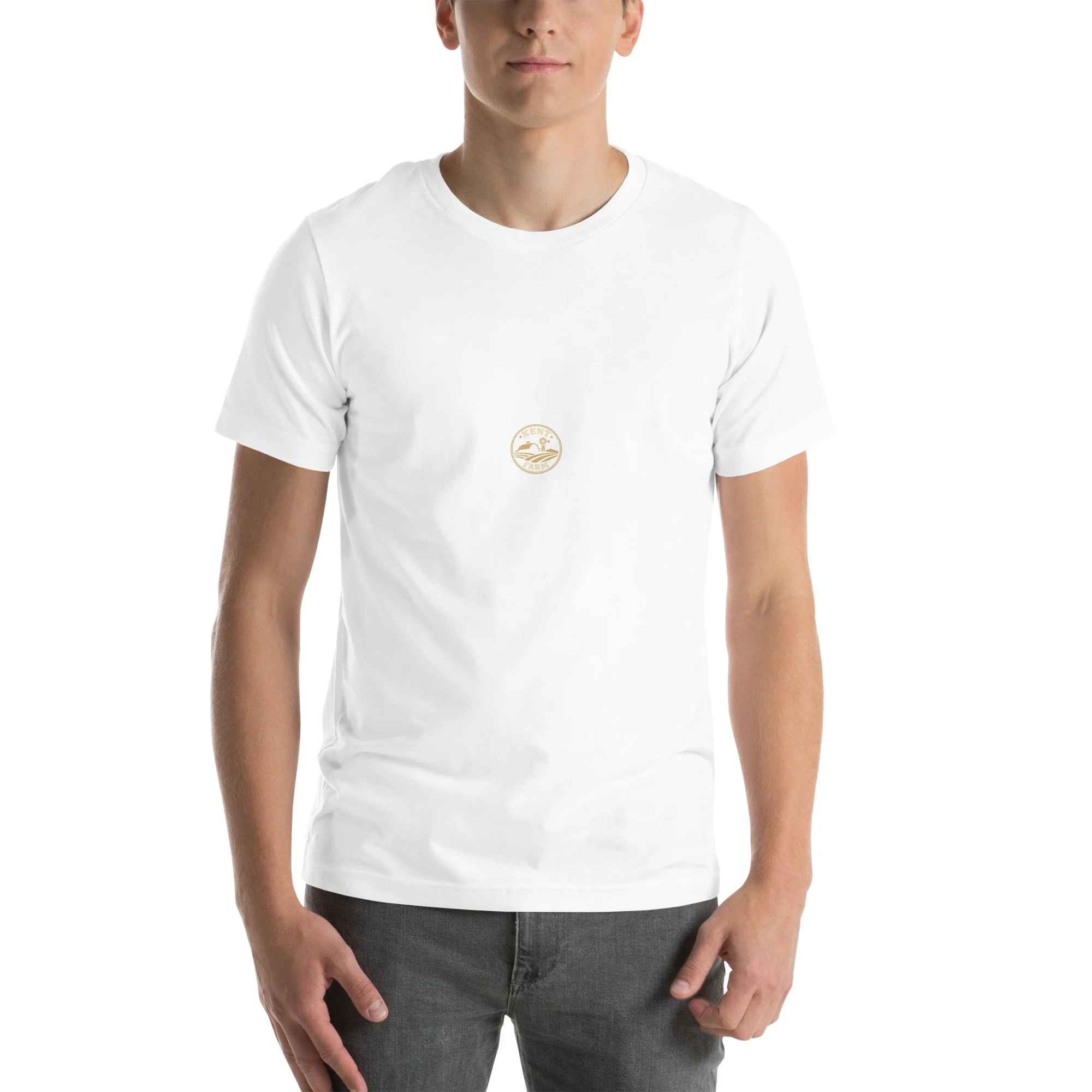 White Kent Farm T-shirt featuring a small gold circular farm mark.
