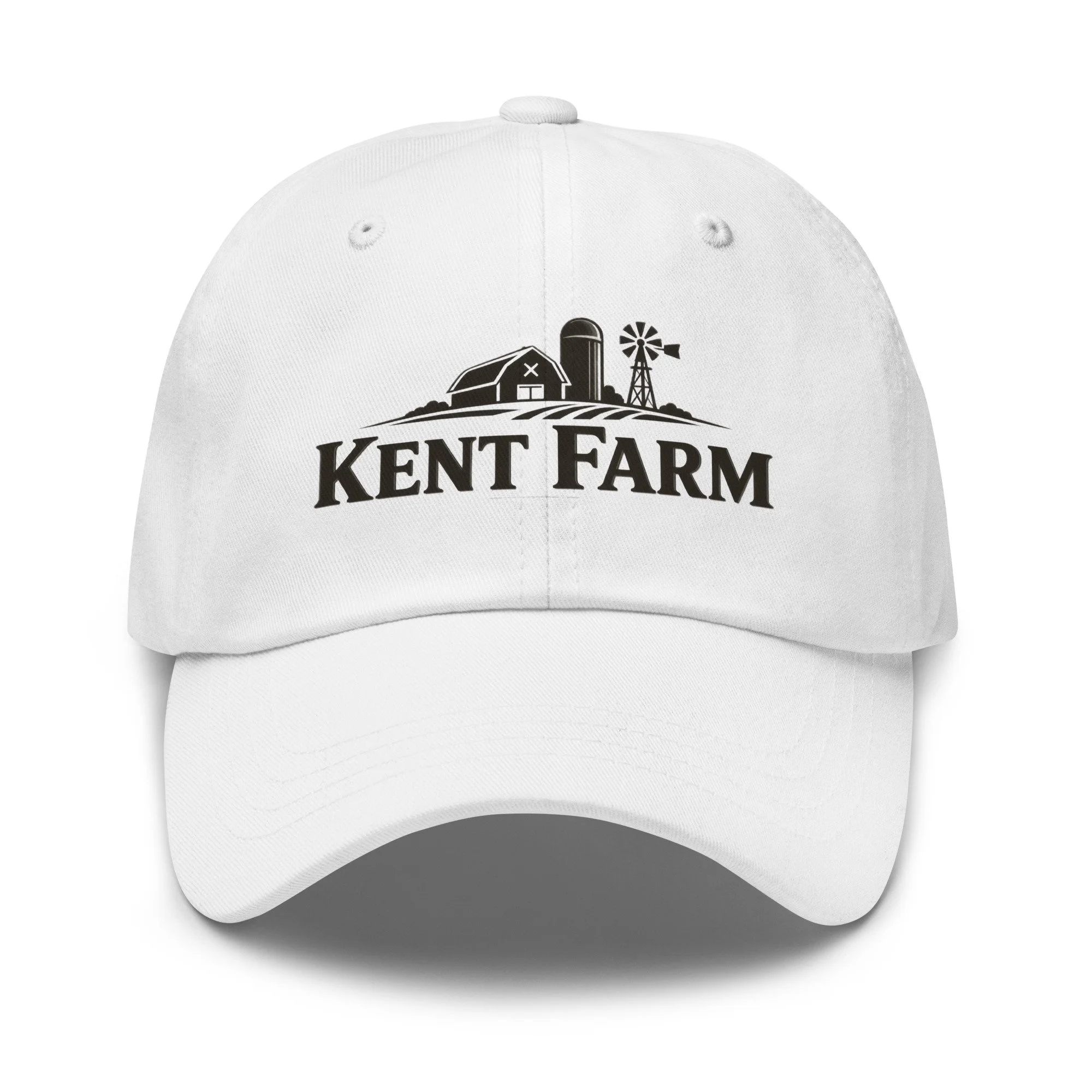 White Kent Farm dad hat embroidered with the minimal line-art farm mark.
