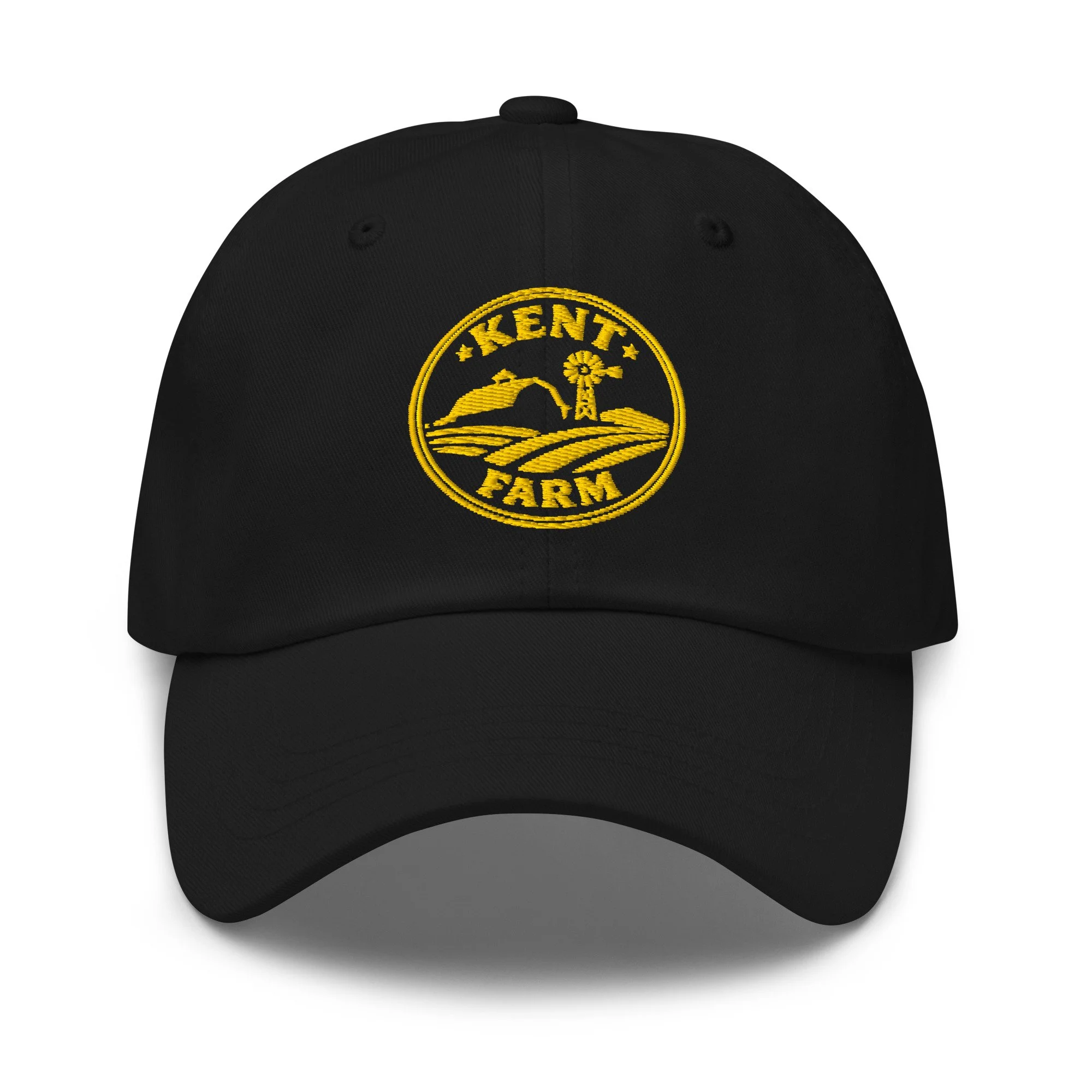 Black Kent Farm dad hat embroidered with the minimal gold circular farm mark.