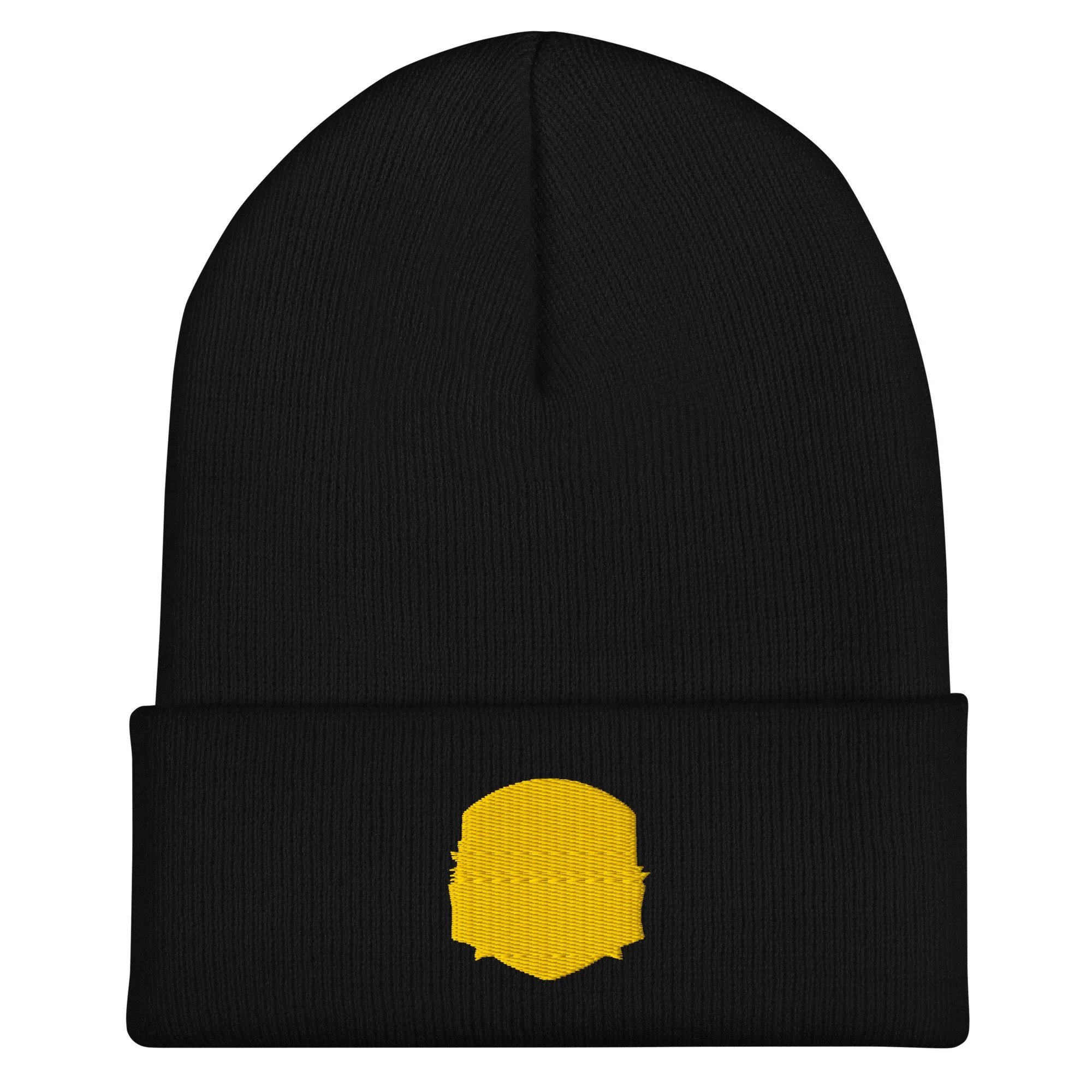 Black cuffed Kent Farm beanie embroidered with the gold sunrise mark.