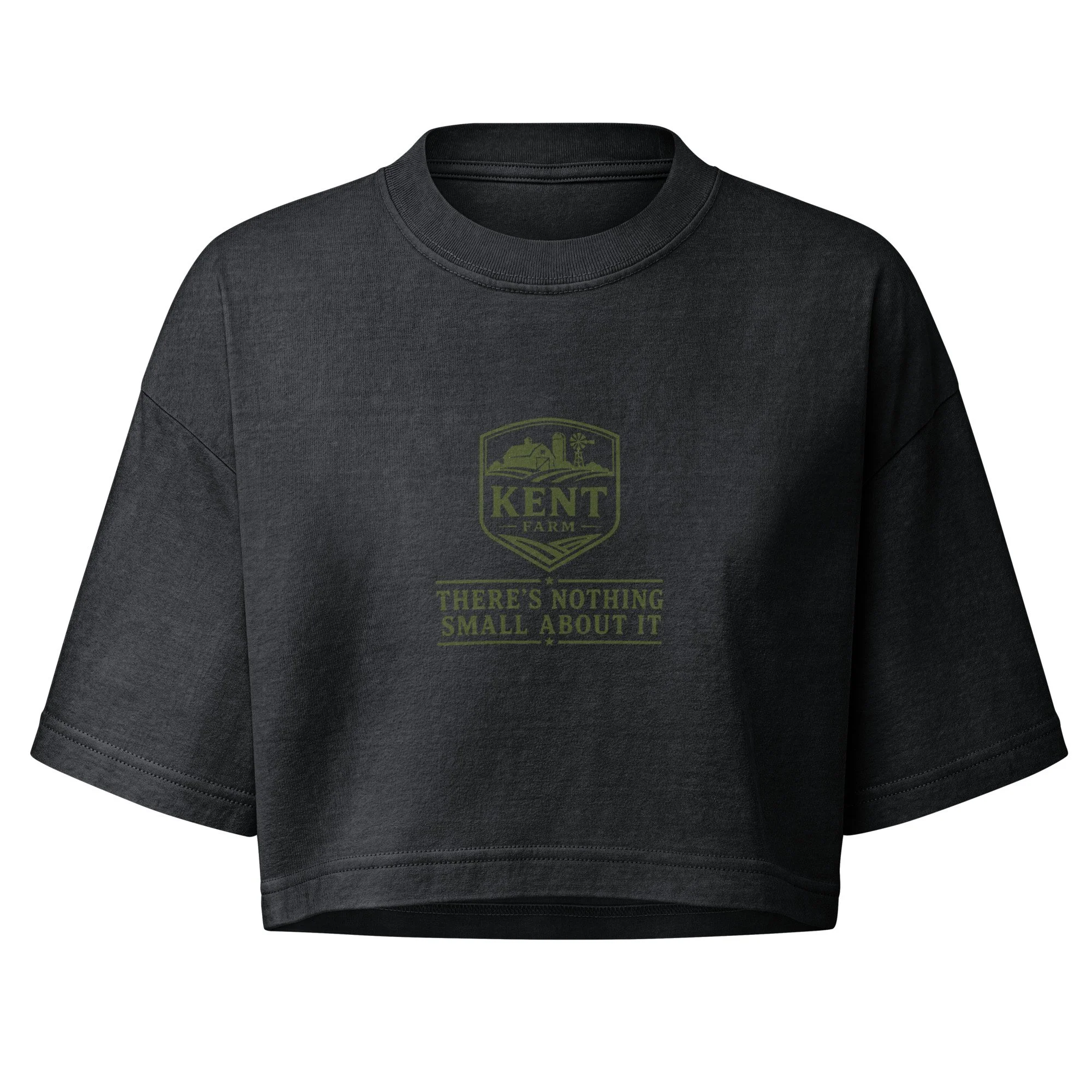Washed-black Kent Farm cropped T-shirt featuring the green heritage mark.