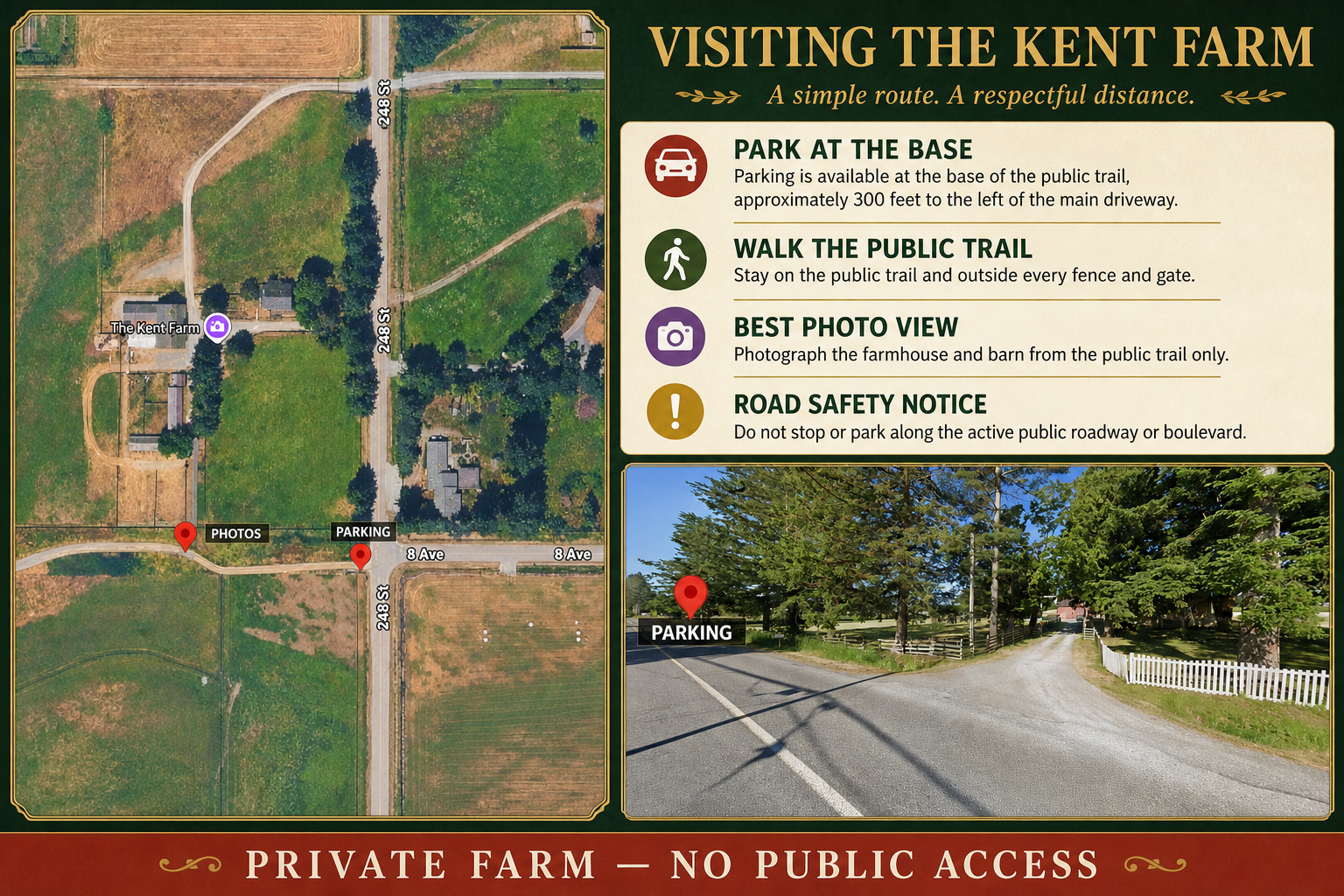 Kent Farm visitor parking, public trail and photo viewpoint map