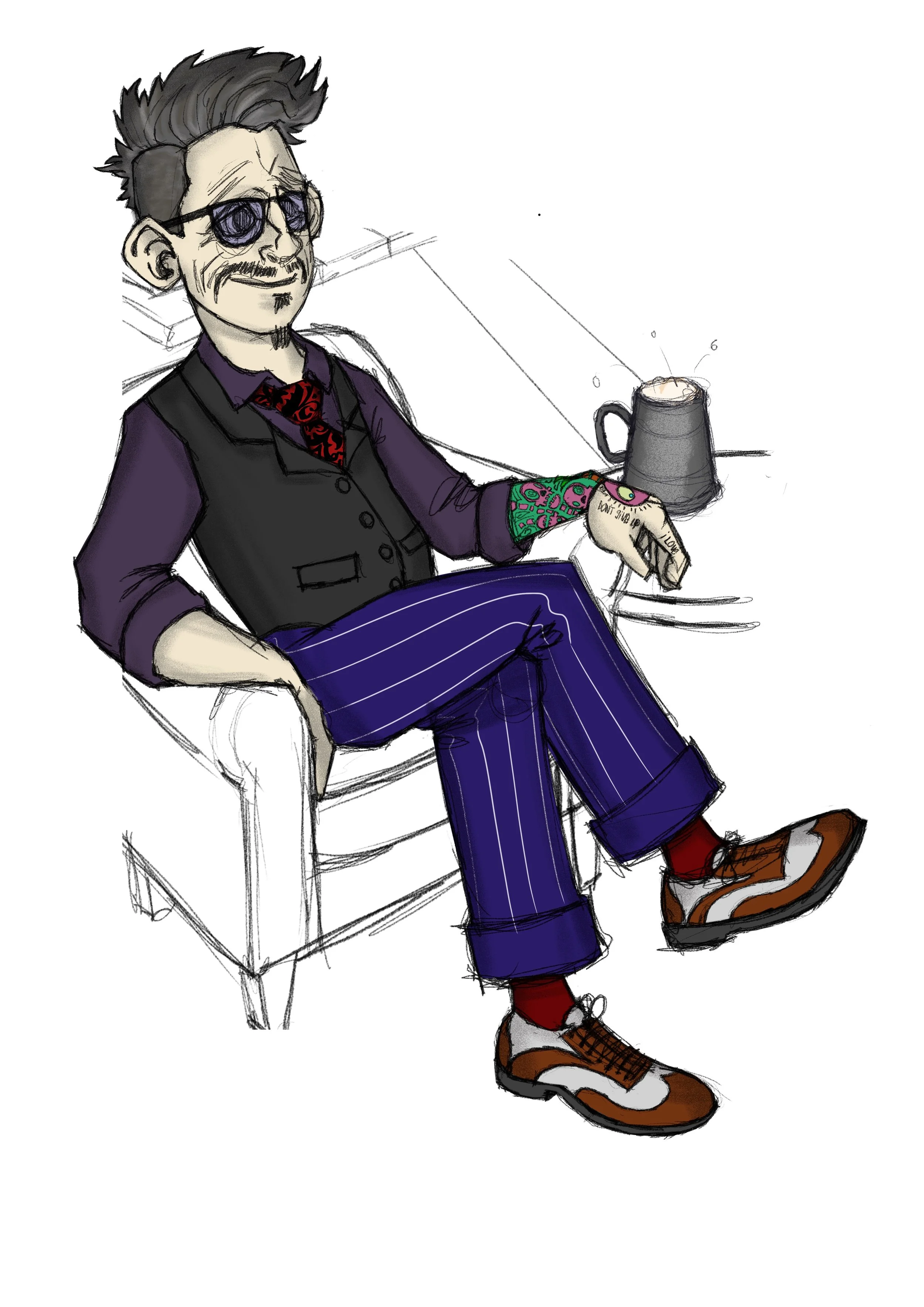 A hand-drawn animated style illustration of a man sitting on a chair, wearing sunglasses, a dark vest, a patterned tie, pinstriped pants, and brown shoes, with a tattoo sleeve on his left arm, a mustache, and messy hair. There is a mug emitting steam on the table next to him.