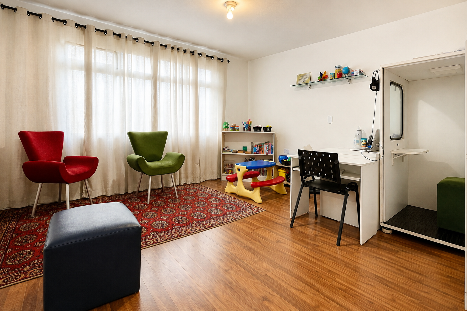 Consultório de fonoaudiologia com brinquedos, poltronas e cabine acústica para Terapia do Processamento Auditivo Central (PAC)