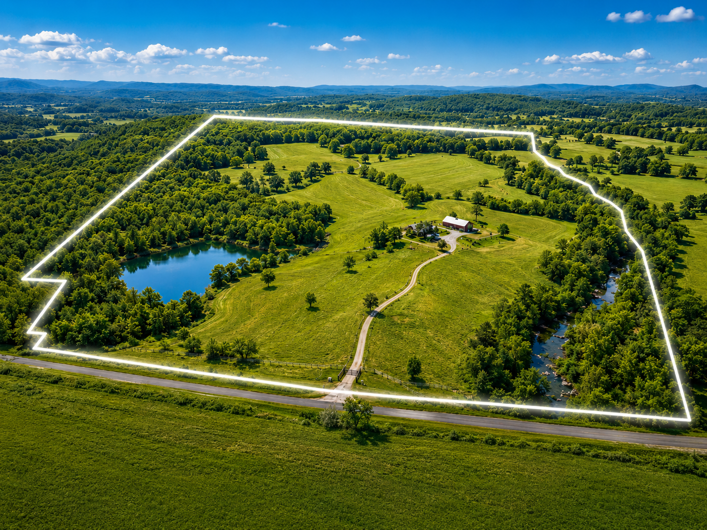Aerial view of a green landscape with a pond, trees, a house, a winding driveway, and a stream, outlined with a glowing white border.