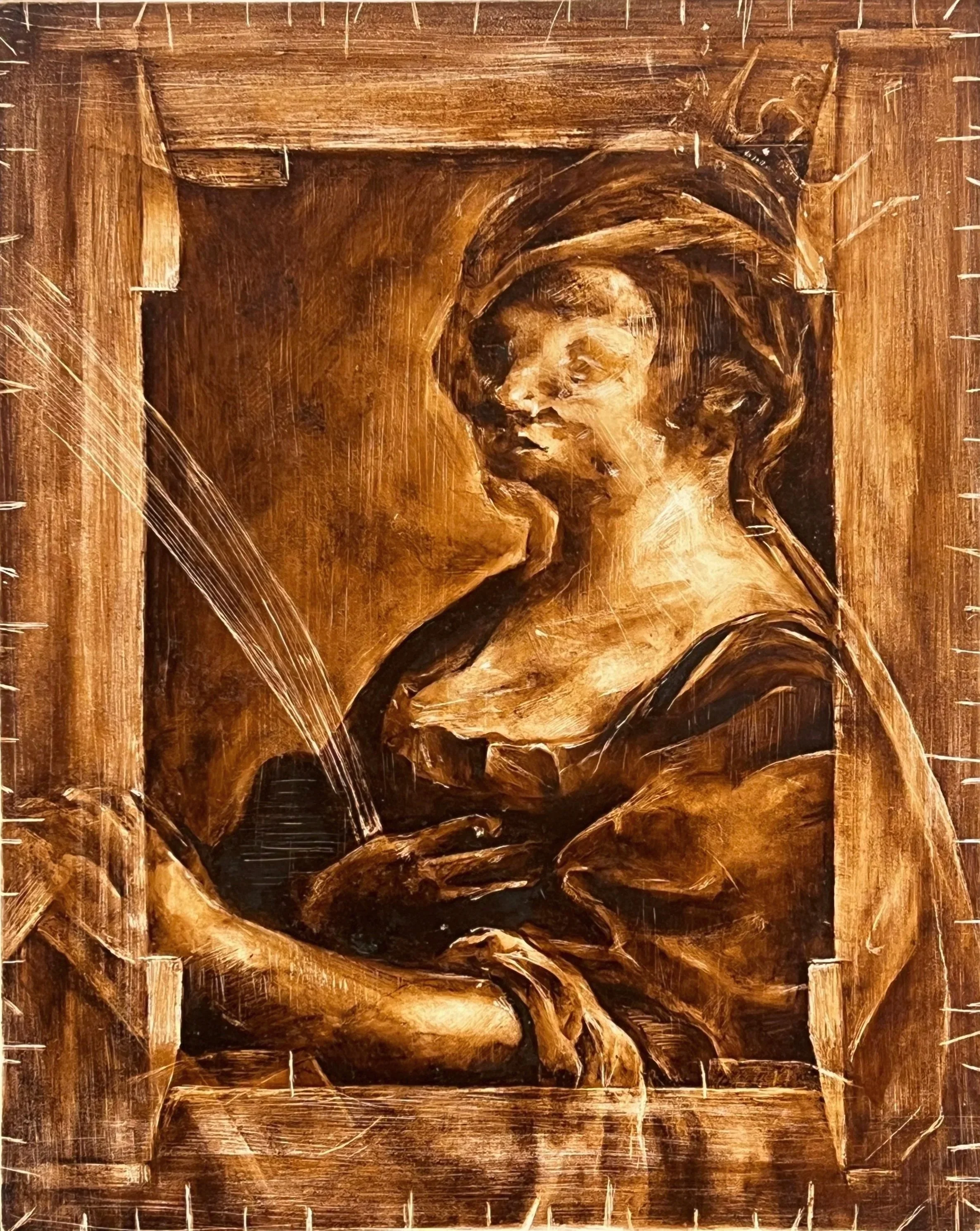 Saint Catherine of Alexandria under X-Ray, 2024, Oil and Sandpaper on Panel, 8 x 10"