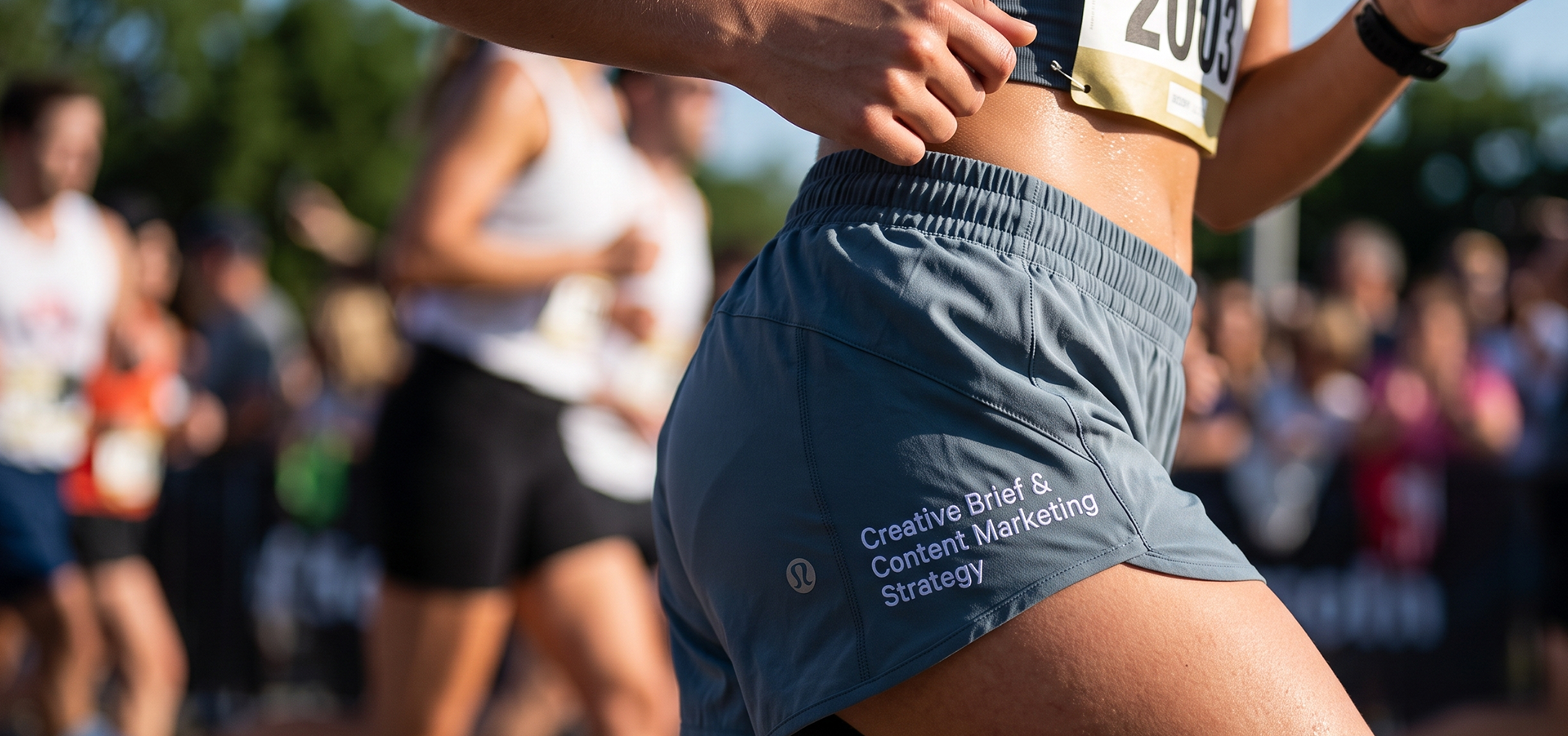Close-up of a runner's midsection and shorts with the text "Creative Brief & Content Marketing Strategy" during a marathon, with other runners blurred in the background outdoors.