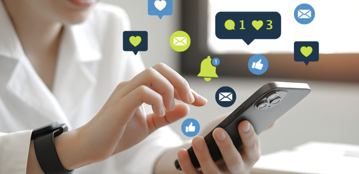 Person using a smartphone with social media icons and notifications floating around