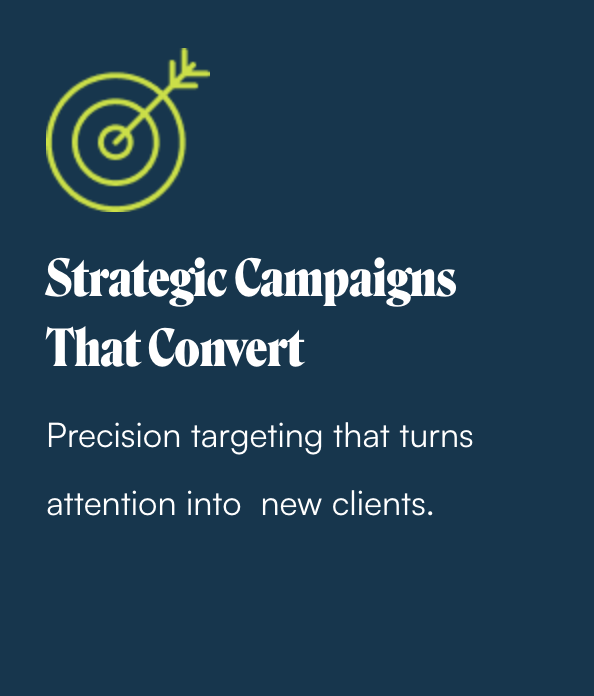 A digital graphic with a dark teal background featuring a yellow target icon with an arrow in the bullseye, and white text reading "Strategic Campaigns That Convert" and "Precision targeting that turns attention into new clients."