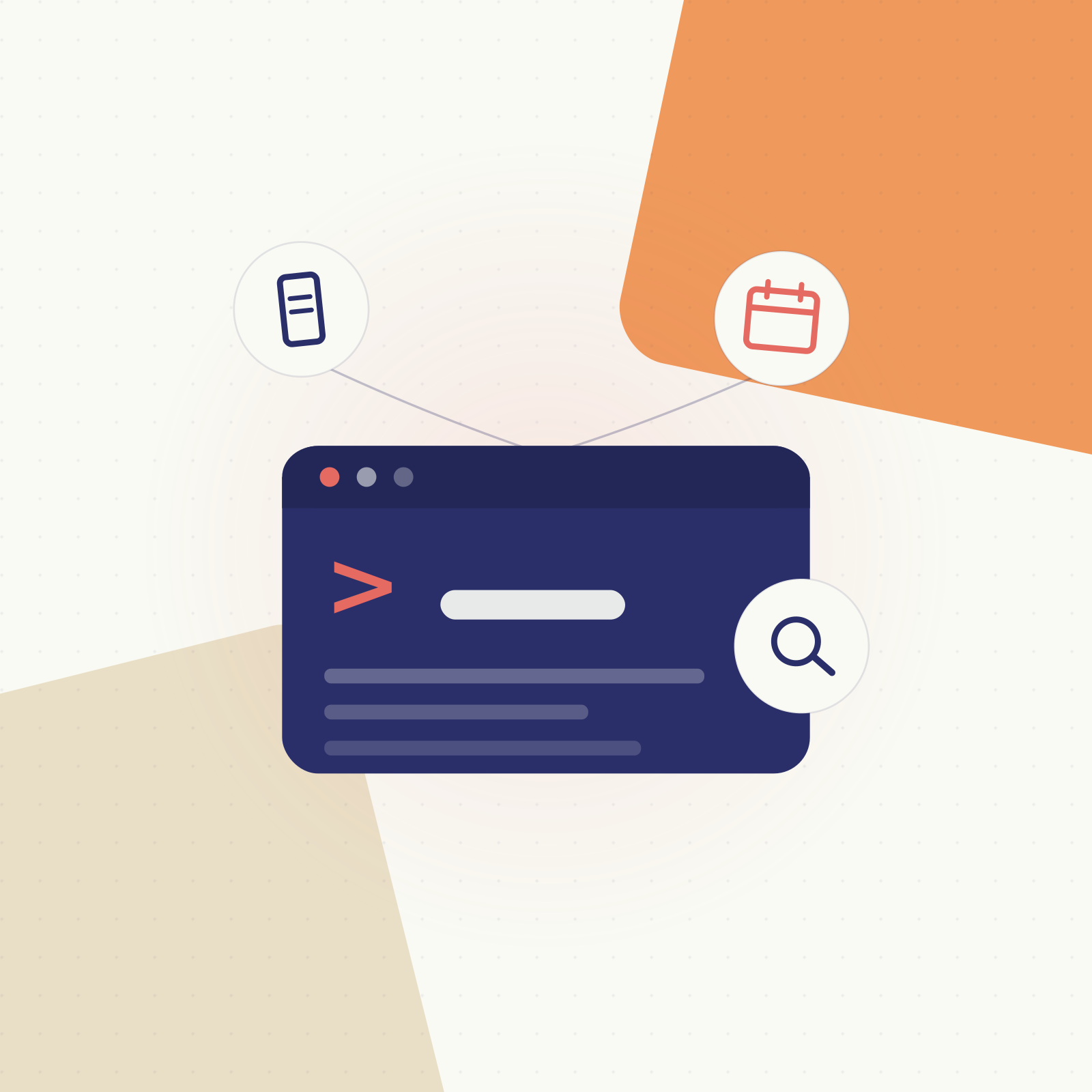 Digital illustration of a web browser window with a command prompt icon, a magnifying glass icon, and two floating icons representing a battery and a calendar.