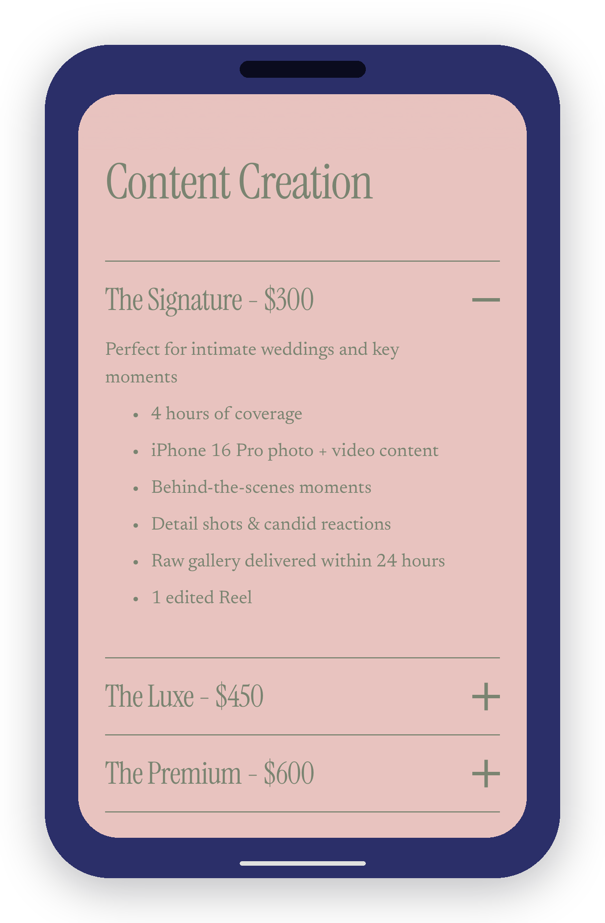 A smartphone screen displaying a list of content creation services and prices, with sections labeled 'The Signature' for $300, 'The Luxe' for $450, and 'The Premium' for $600.