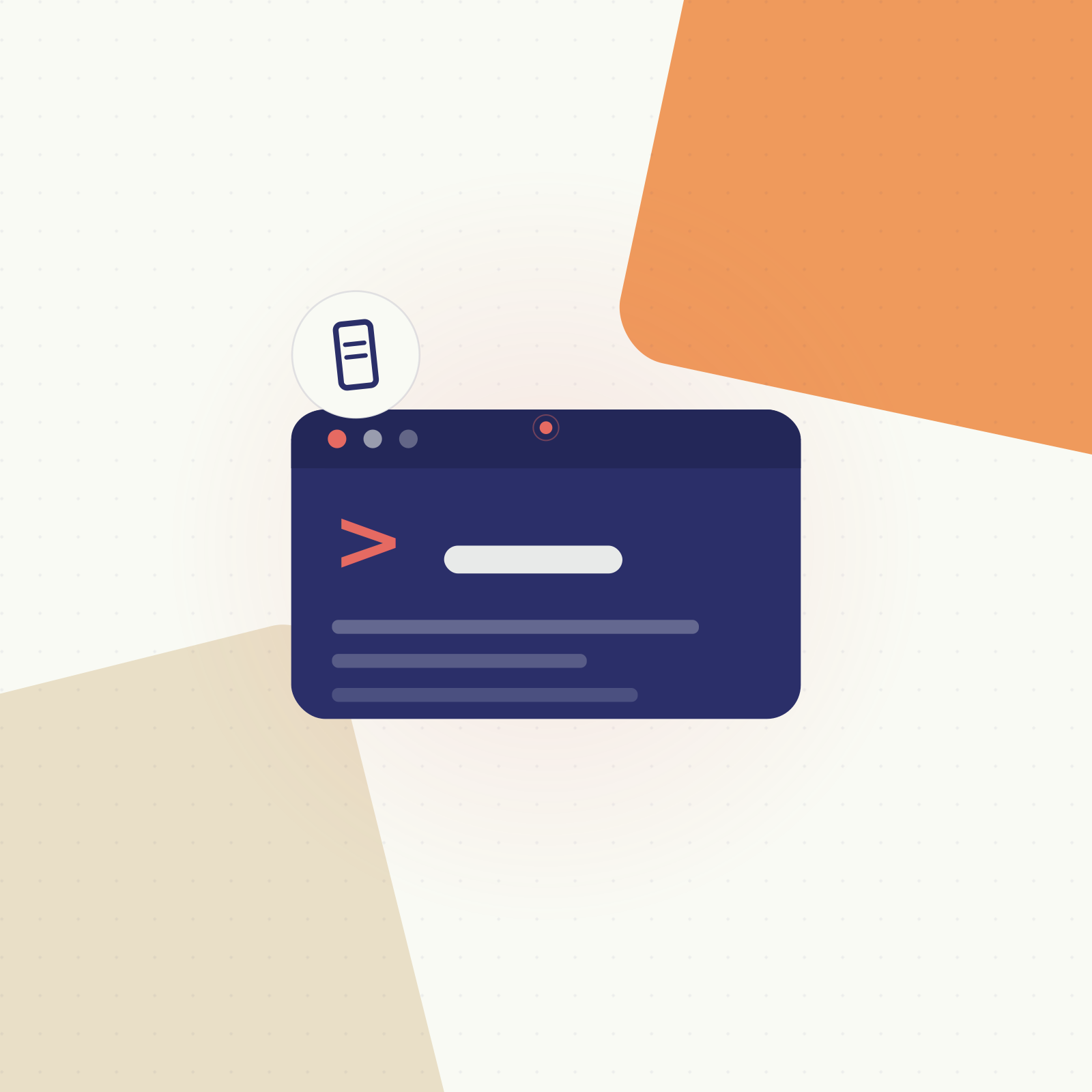 Digital illustration of a dark blue computer window with a white horizontal bar, orange arrow icon, and gray lines, set against an abstract background of overlapping beige, white, and orange shapes.