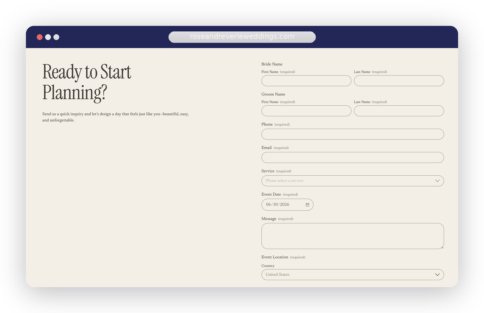 Online wedding planning form titled 'Ready to Start Planning?' with fields for bride and groom names, contact information, service selection, event date, message, and event location.