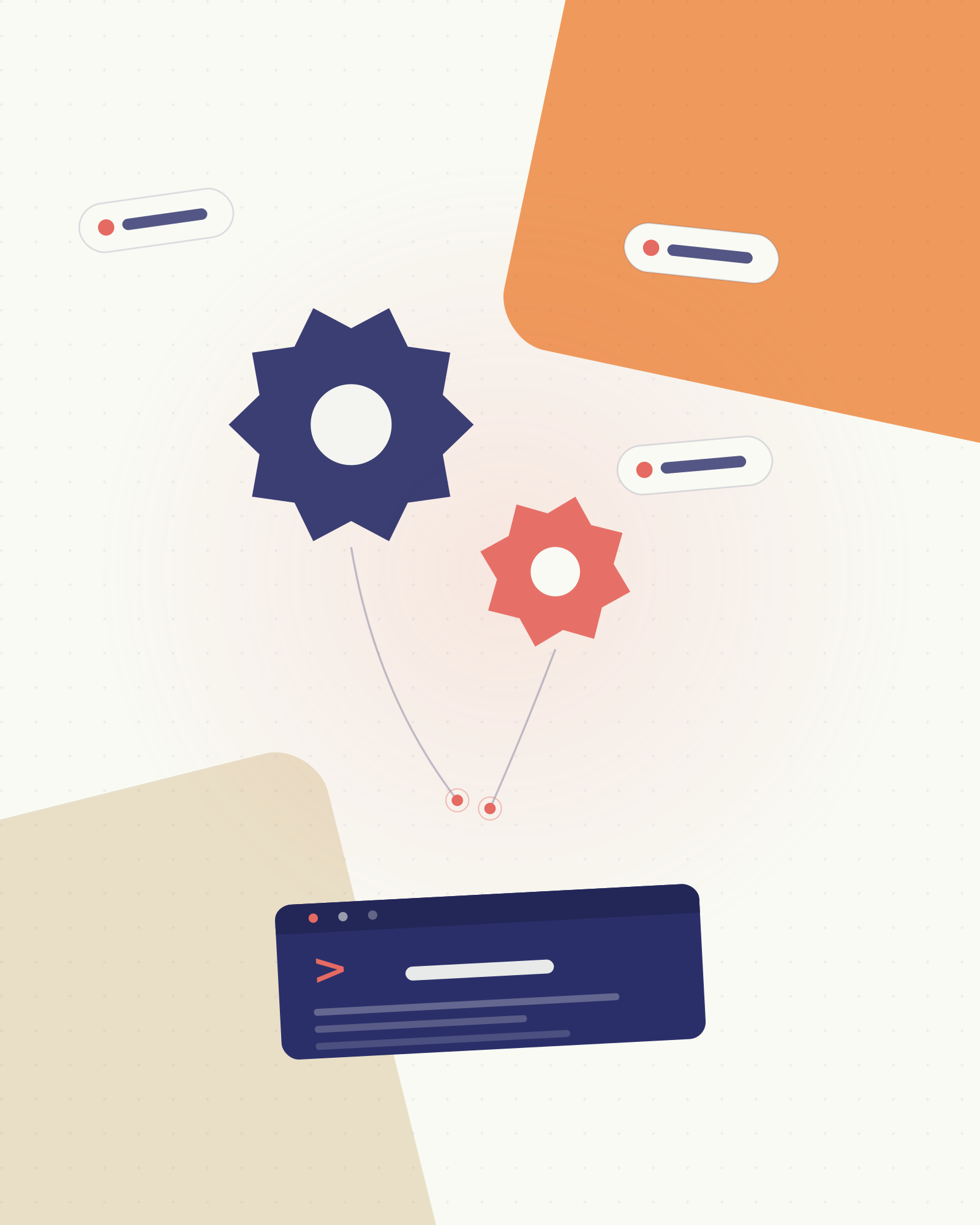 Abstract digital illustration with gears, sliders, and a smartphone, representing technology or app development.