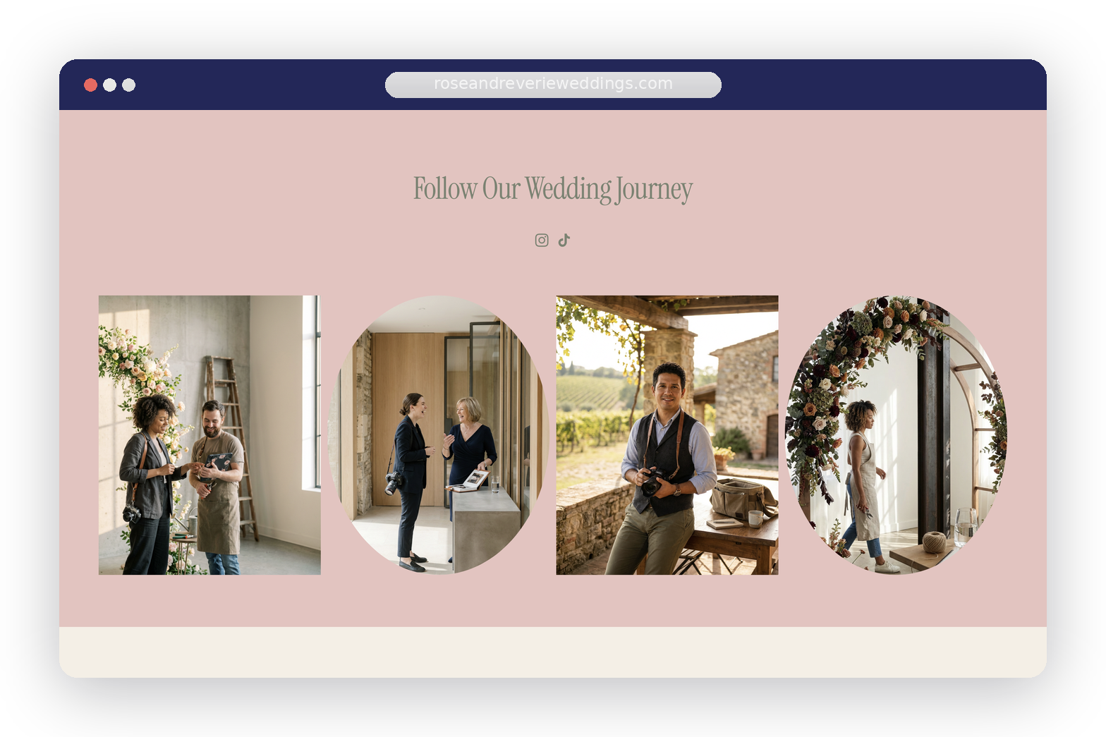 Screenshot of a website titled "Follow Our Wedding Journey" with four photos of people at a wedding venue, including two women discussing, a man sitting outdoors with a camera, and a woman standing near a floral archway.