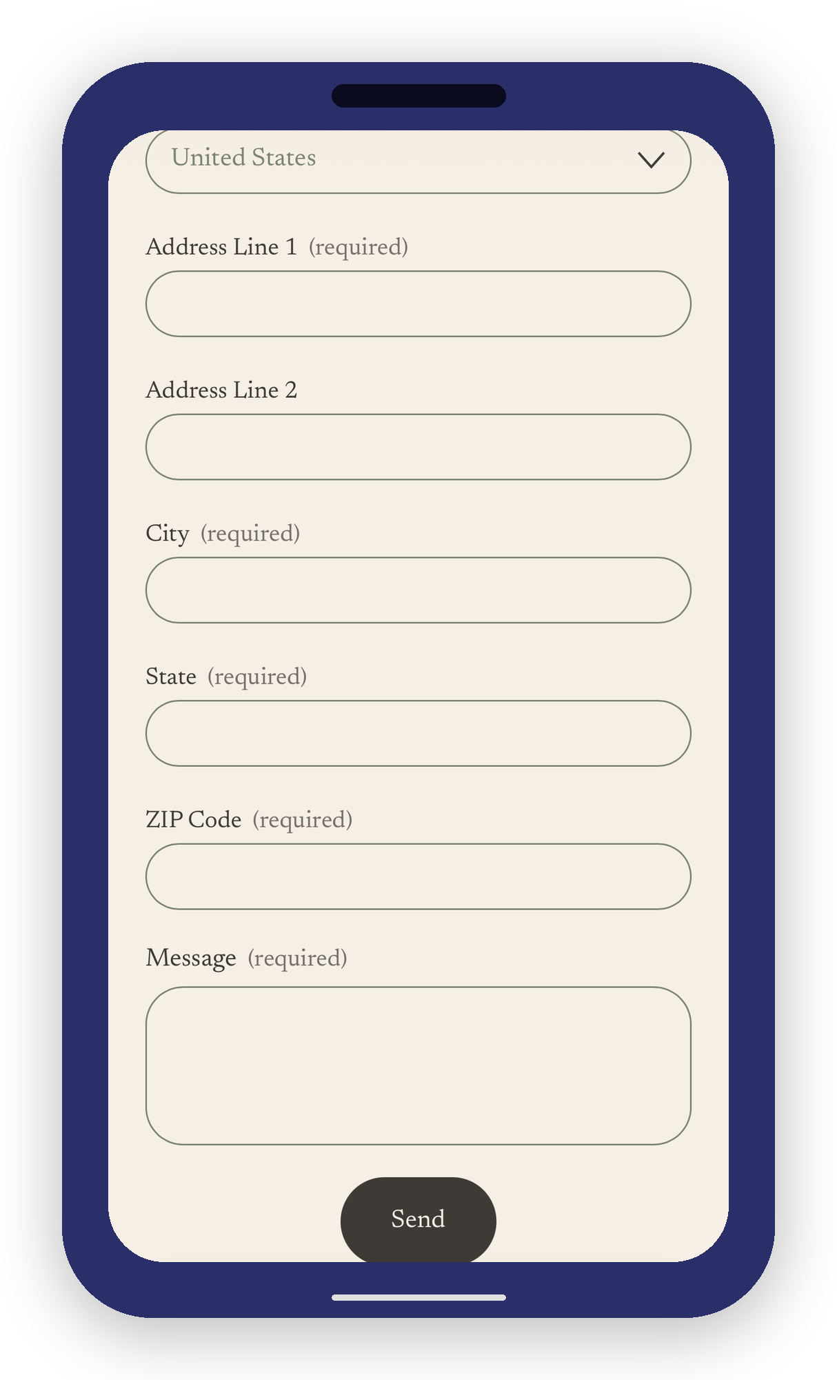 A smartphone screen showing a form with fields for address, city, state, ZIP code, and message, and a black send button at the bottom.
