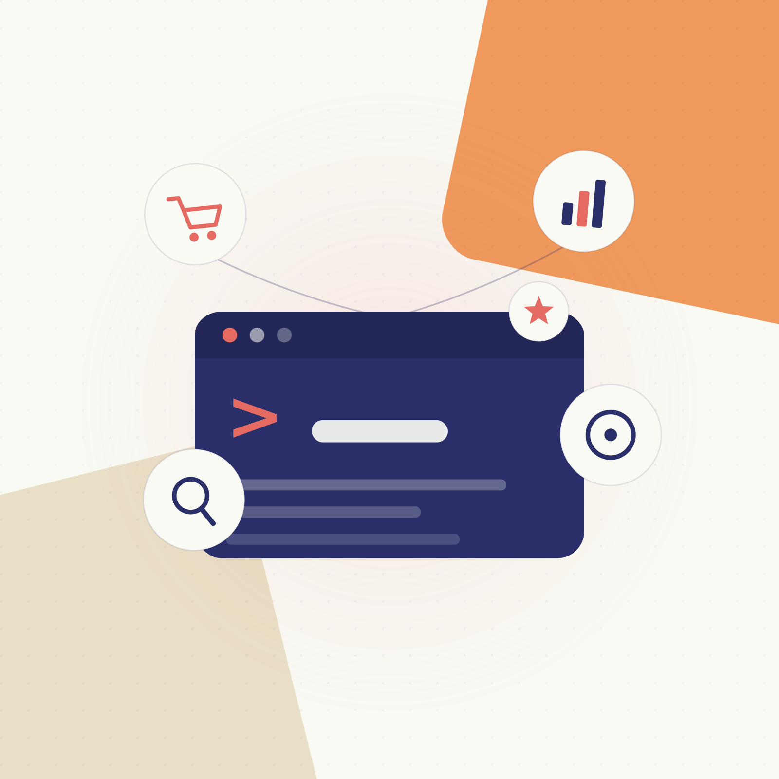 Illustration of a laptop with various icons around it, including a shopping cart, a bar chart, a star, a magnifying glass, and a target, in a modern, flat design style.