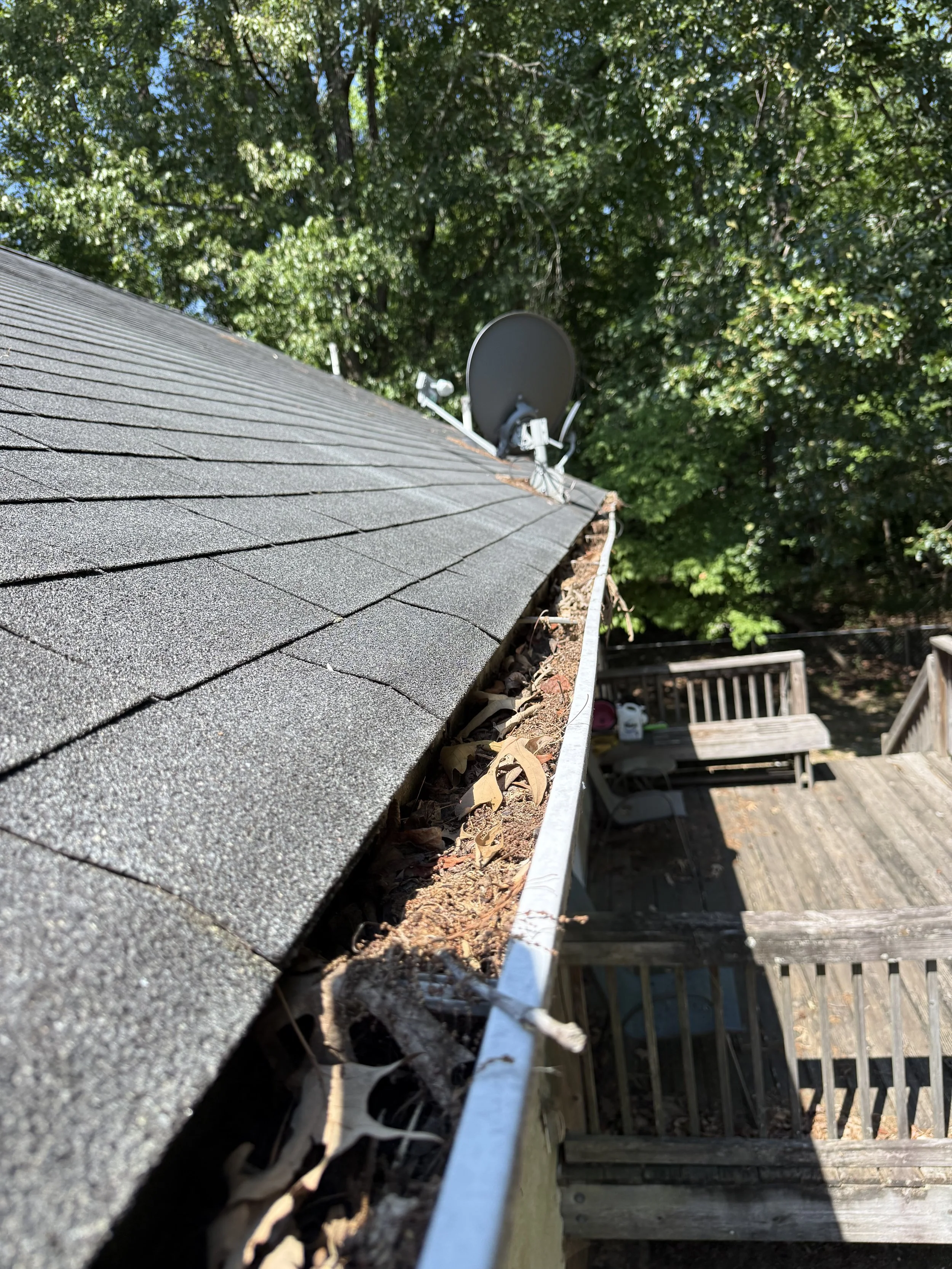 Close-up view of a roof's edge with asphalt shingles, gutter very filled with leaves and debris, and a satellite dish in the background surrounded by trees and a wooden deck.