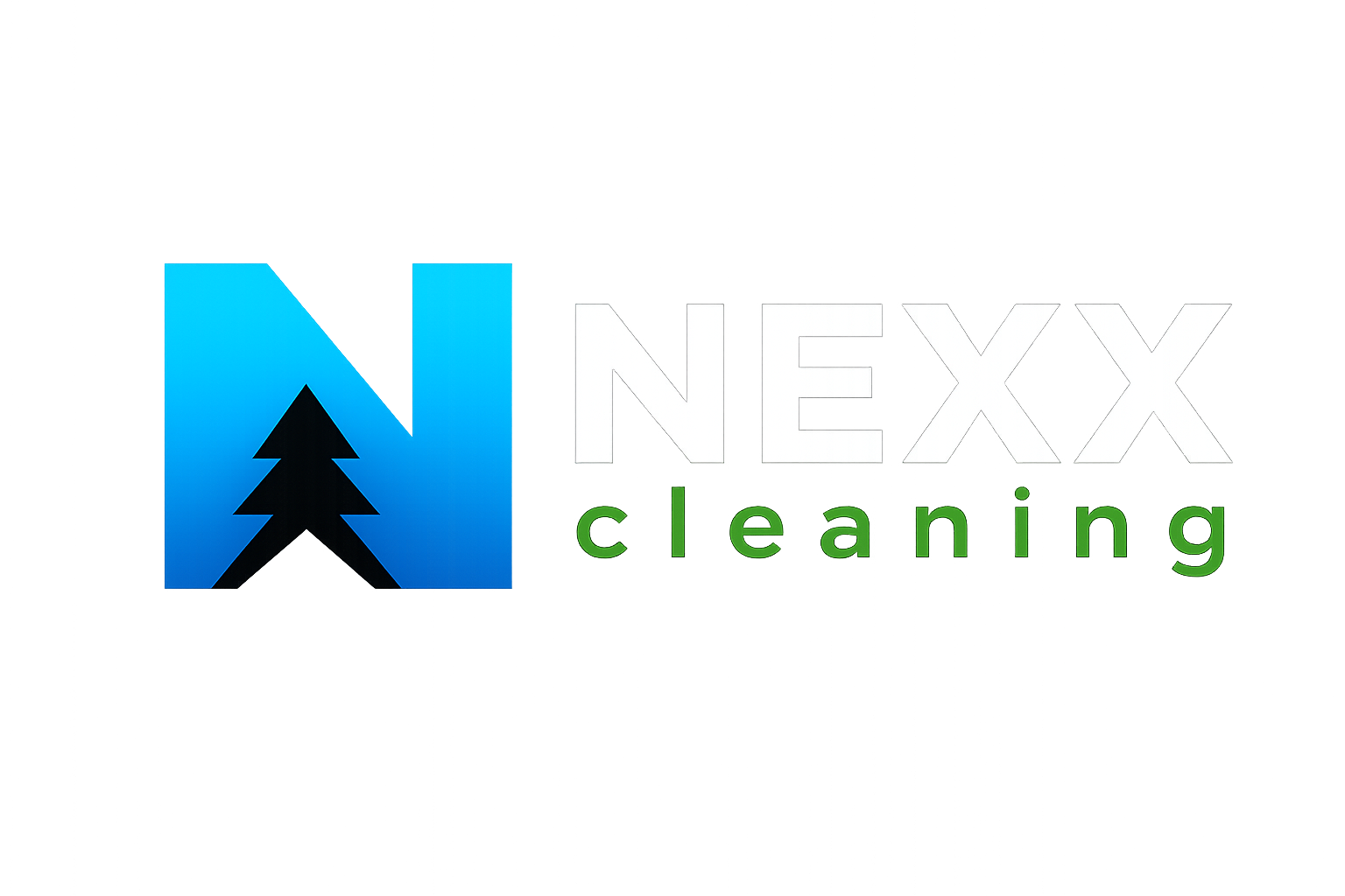 Logo for NEXX cleaning company featuring a blue rectangle with a black pine tree silhouette, the word 'NEXX' in large white letters, and the word 'cleaning' in green lowercase letters.