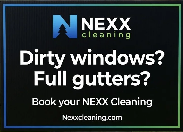 Advertisement for NEXX Cleaning services, asking if you have dirty windows or full gutters, and urging to book cleaning at Nexxcleaning.com.