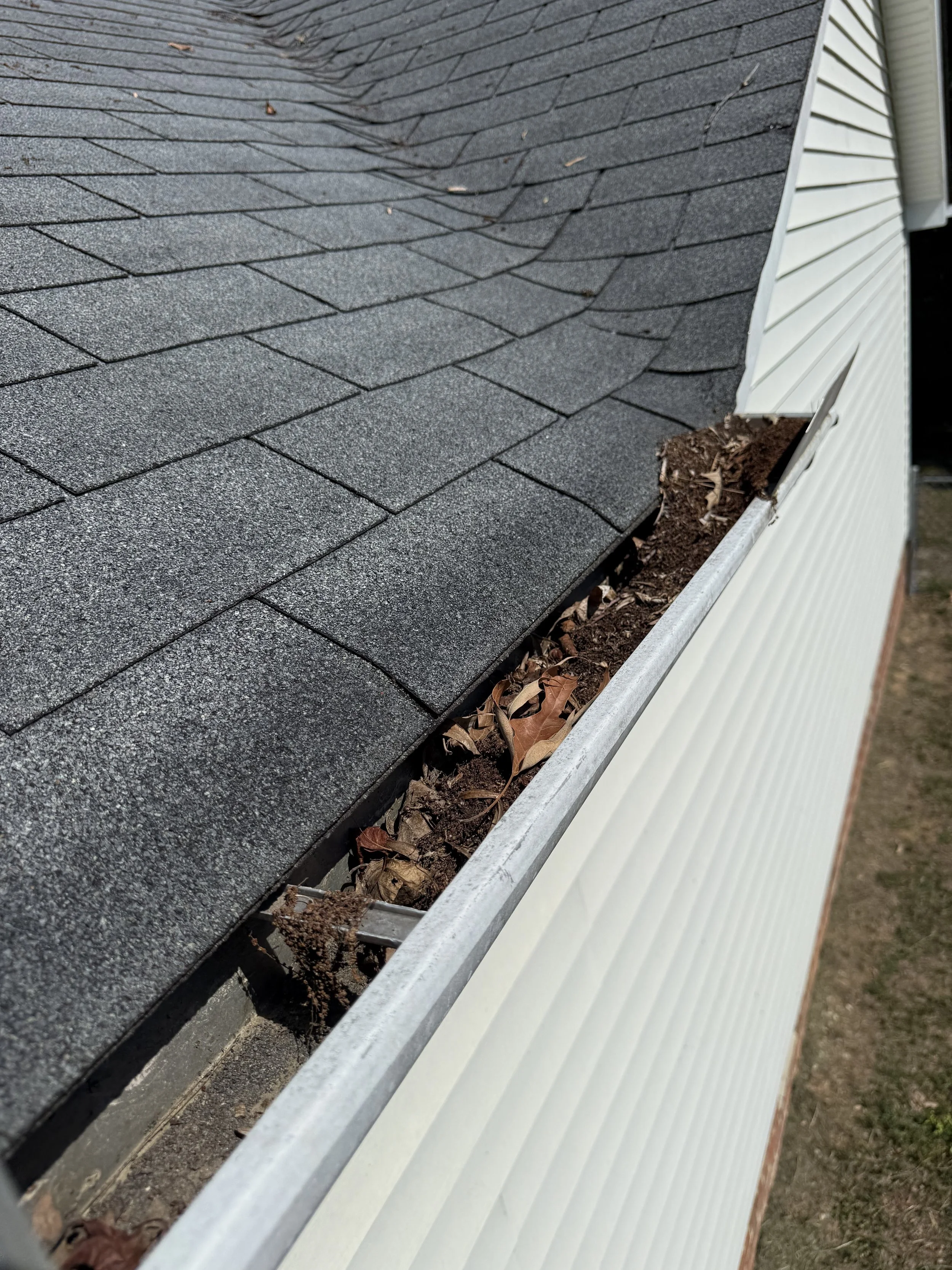 Close-up of a house gutter filled with dirt, dead leaves, and debris, with part of the roof and siding visible.