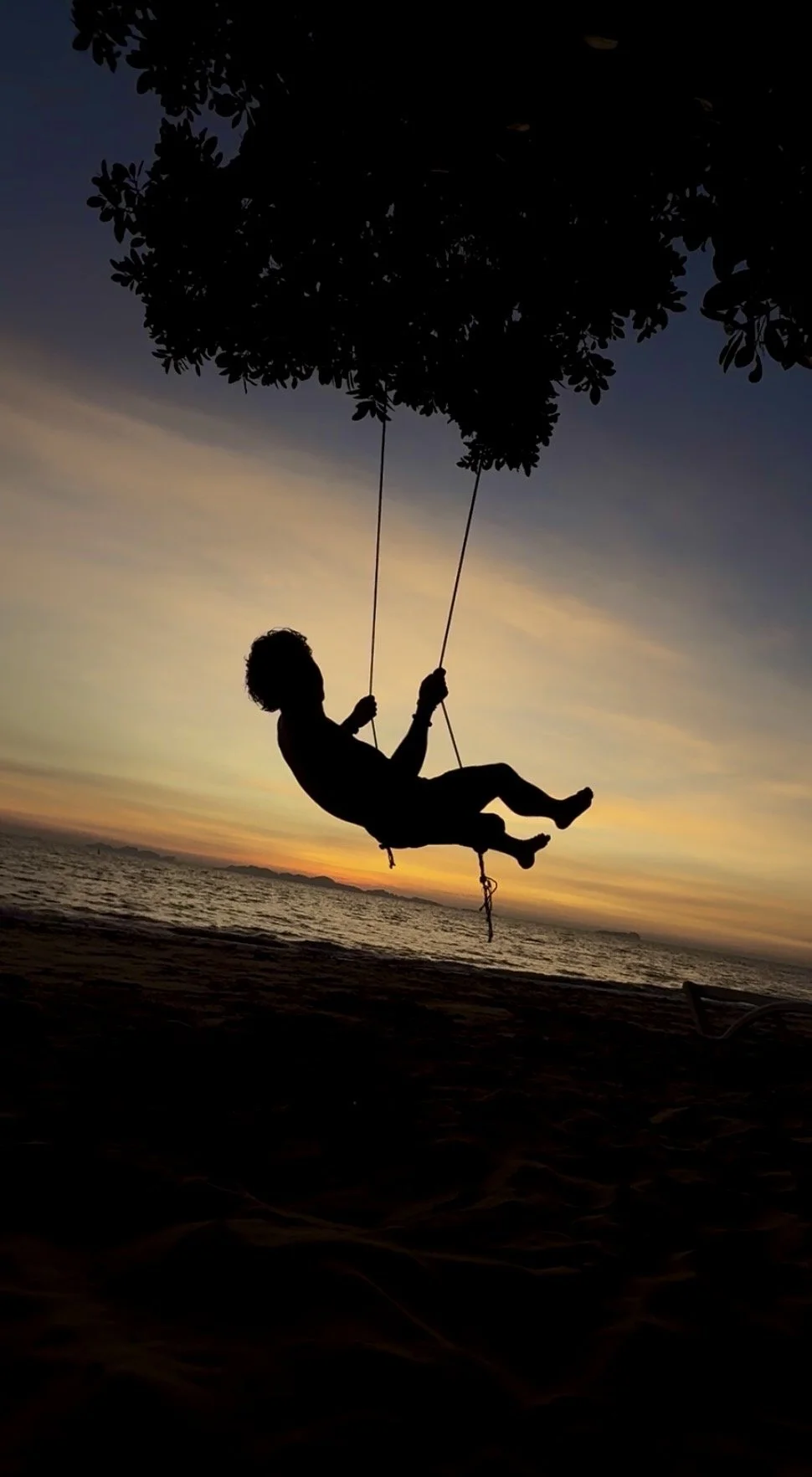 Silhouetted child on a swing hanging from a tree at sunset by the beach.