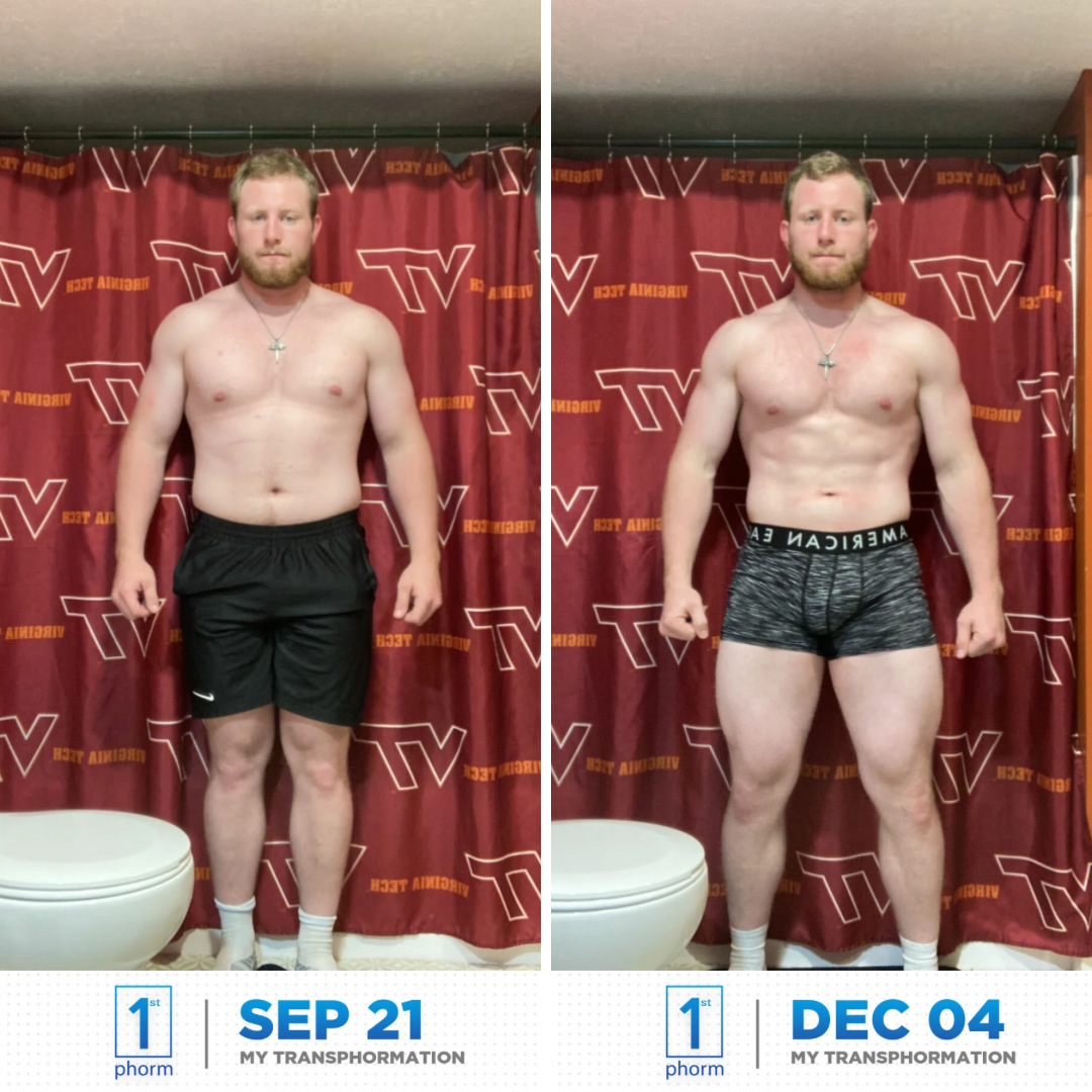 Side-by-side comparison of a shirtless man in black shorts on September 21 and in gray shorts on December 4, showing his physical transformation against a red curtain background.