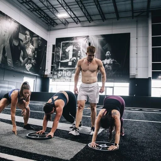 A male fitness instructor observing three women doing push-ups with weights on a gym floor.