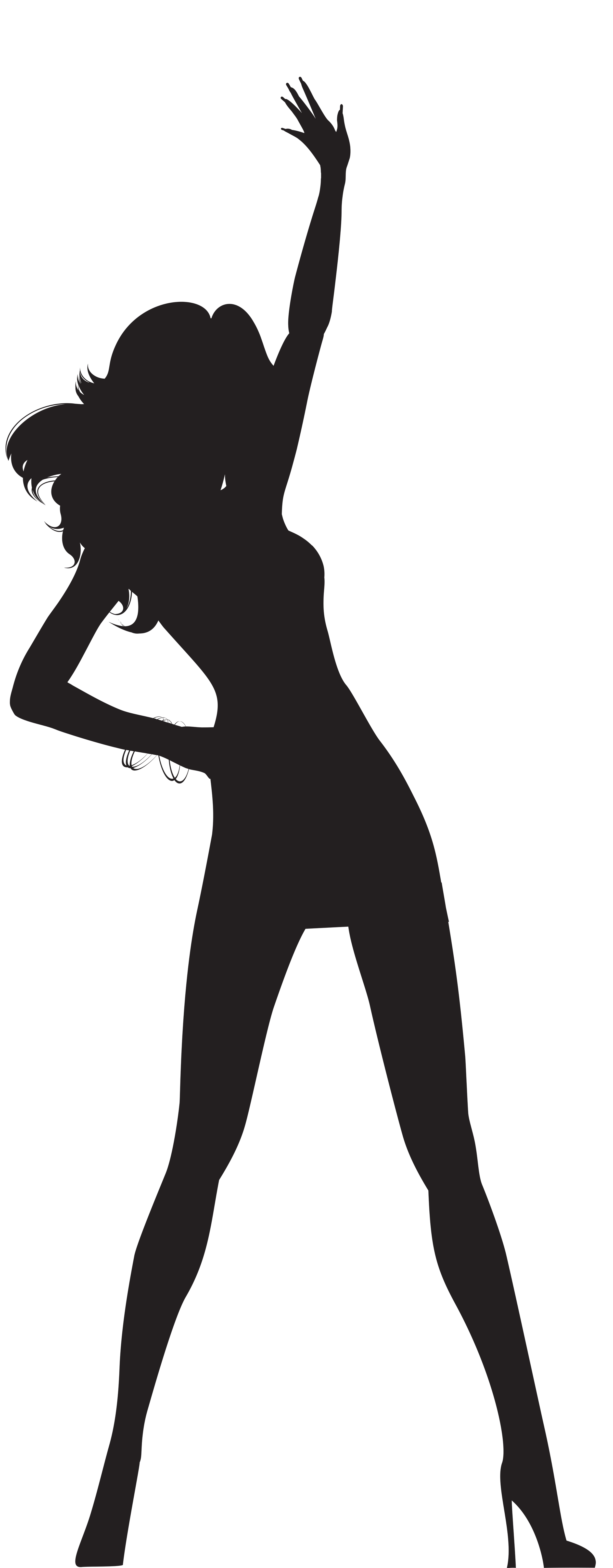 Silhouette of a woman with one hand on her hip and the other raised above her head, in a confident pose.